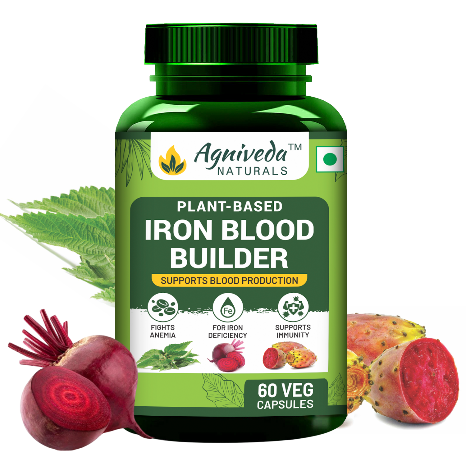Agniveda Naturals Plant Based Iron Blood Builder 1000mg Capsule | Dietary Iron Supplement | Promotes Red Blood Cell Formation | Supports Iron Deficiency for Men & Women Elderly Adults - 60 Veg Capsules