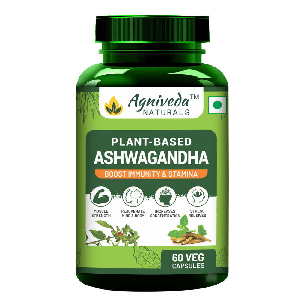 Agniveda Naturals Plant-Based Ashwagandha 1000Mg | Boost Energy, Strength, Stamina | Helps Anxiety & Stress Relief For Men & Women (60 Capsules)