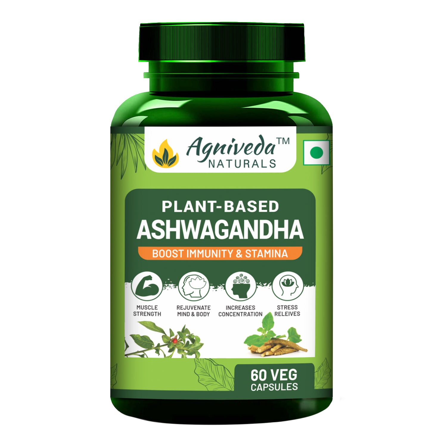 Agniveda Naturals Plant-Based Ashwagandha 1000Mg | Boost Energy, Strength, Stamina | Helps Anxiety & Stress Relief For Men & Women (60 Capsules)