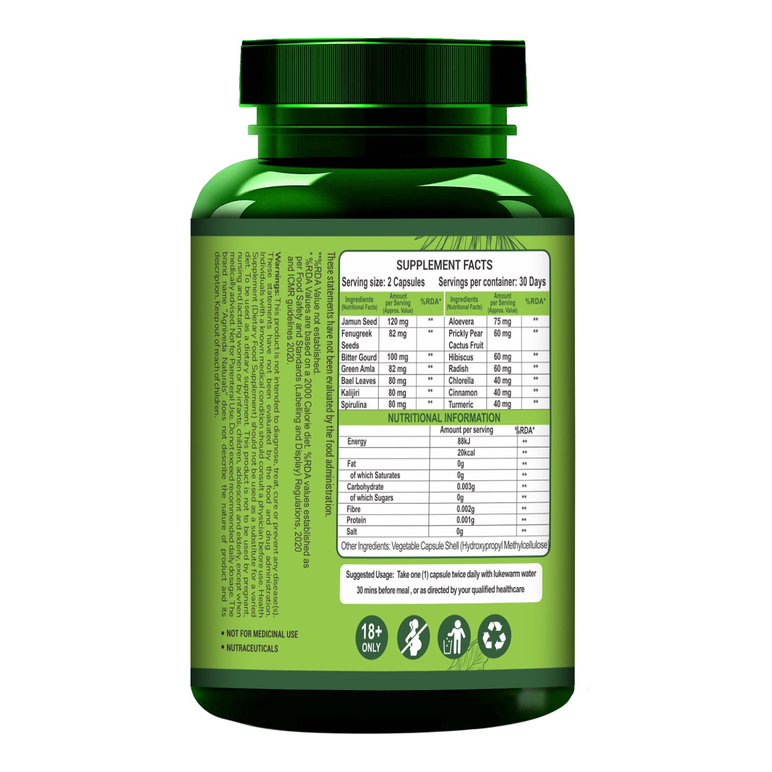 Agniveda Naturals Diabetic Care Supplements For Men & Women with Karela, Bael Leaves, Jamun and More I Manages Diabetes & Blood Sugar Levels - 60 Veg Capsules