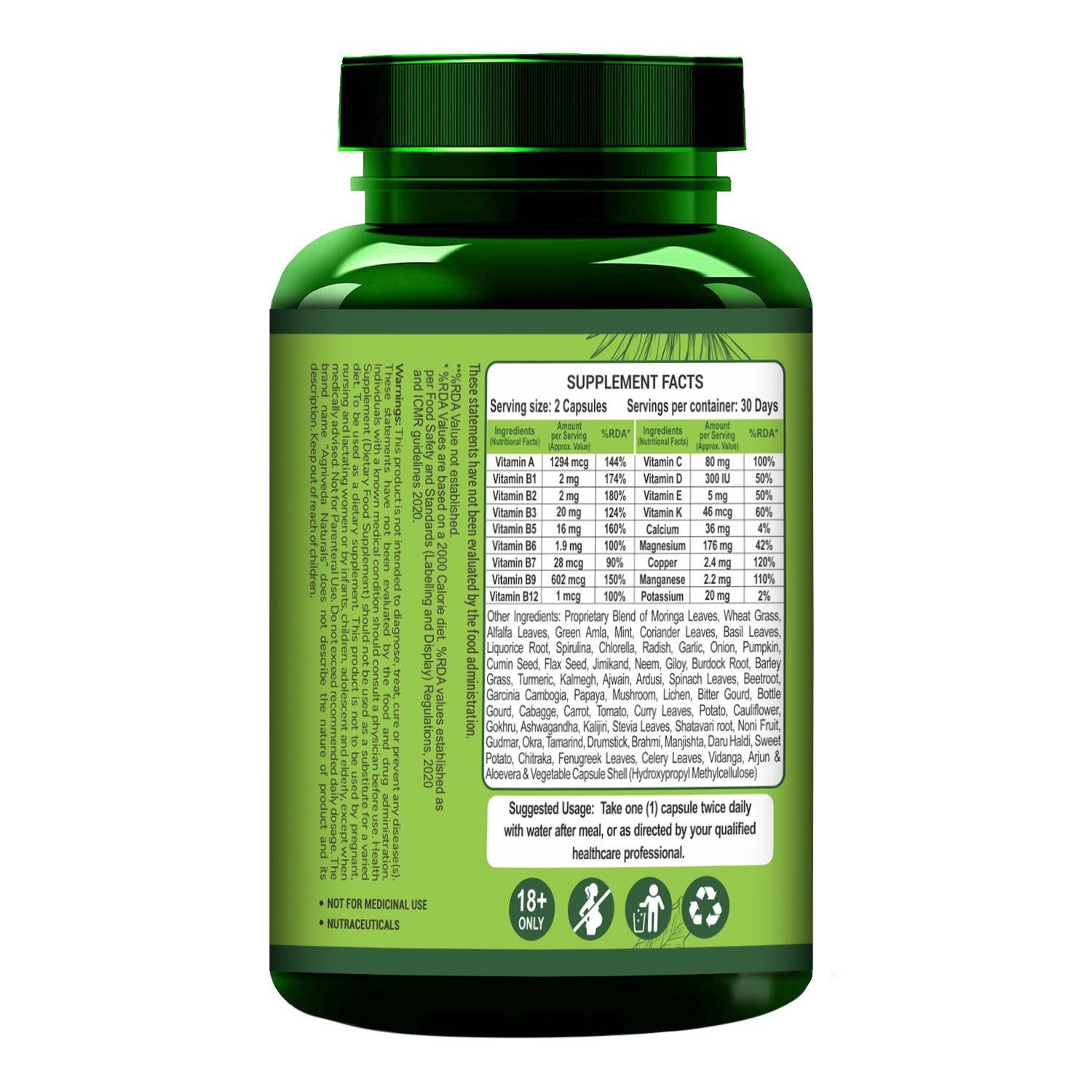Agniveda Naturals Plant Based Multivitamin 60+ Ingredients With Vitamin B1, B2, B3, B5, B6, B7, B9, B12, A, C, D, E, K, Calcium etc,Good For Men & Women - 60 Veg Capsule