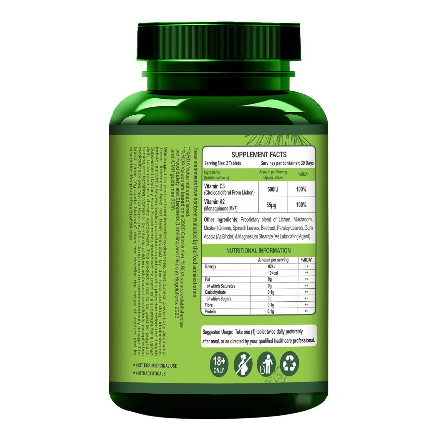 Agniveda Naturals Vitamin D3 K2 MK7 | Vegetarian Vitamin D3 Supplement Lichen Source with Vitamin K2 MK7 Menaquinone - 60 Veg Tablets