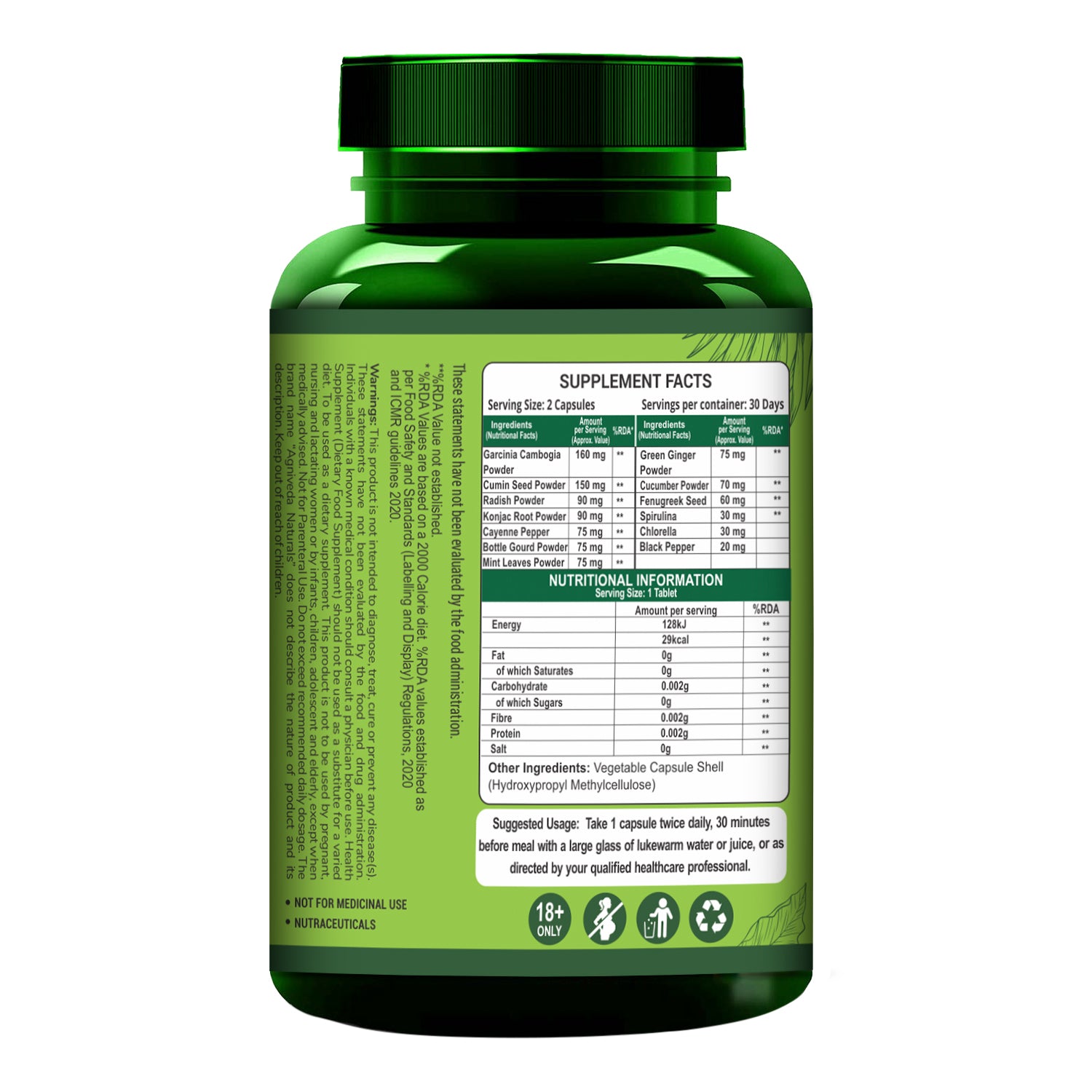 Agniveda Naturals Garcinia Cambogia Weight Loss Caps For Women And Men - With Cumin Seeds| Boosts Metabolism & Energy Levels(Pack of 60 caps)