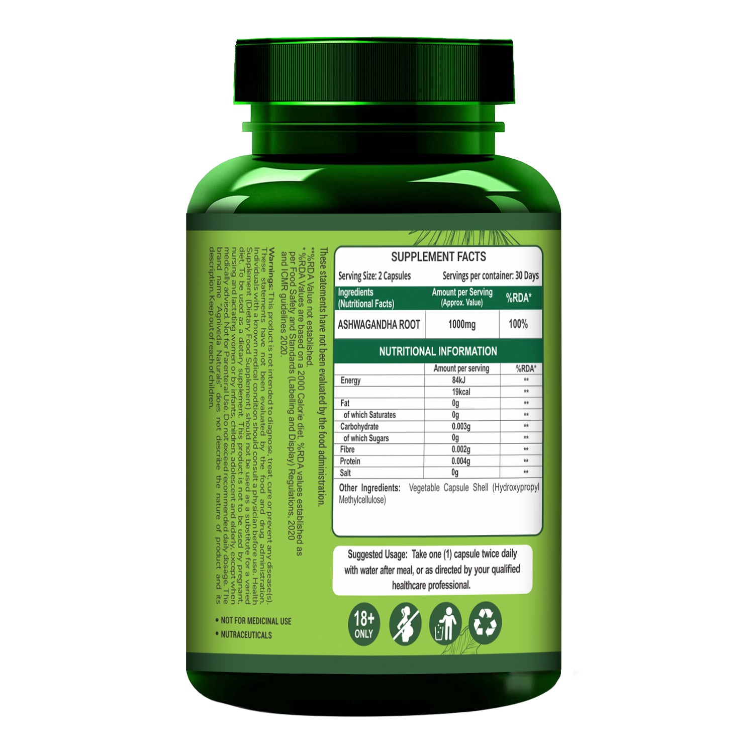 Agniveda Naturals Plant-Based Ashwagandha 1000Mg | Boost Energy, Strength, Stamina | Helps Anxiety & Stress Relief For Men & Women (60 Capsules)