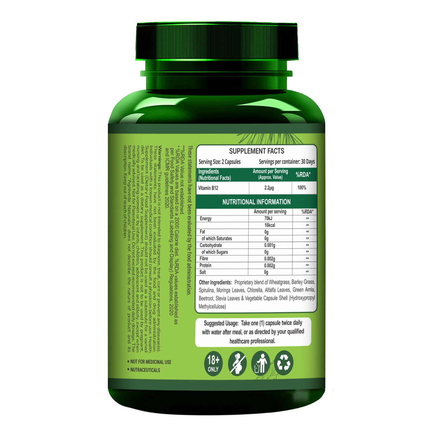 Agniveda Naturals Plant Based Vitamin B12 supplement for Men & Women (60 Capsules) | Natural Formulation for Vegetarians & Vegans to support Nervous System & Brain Function