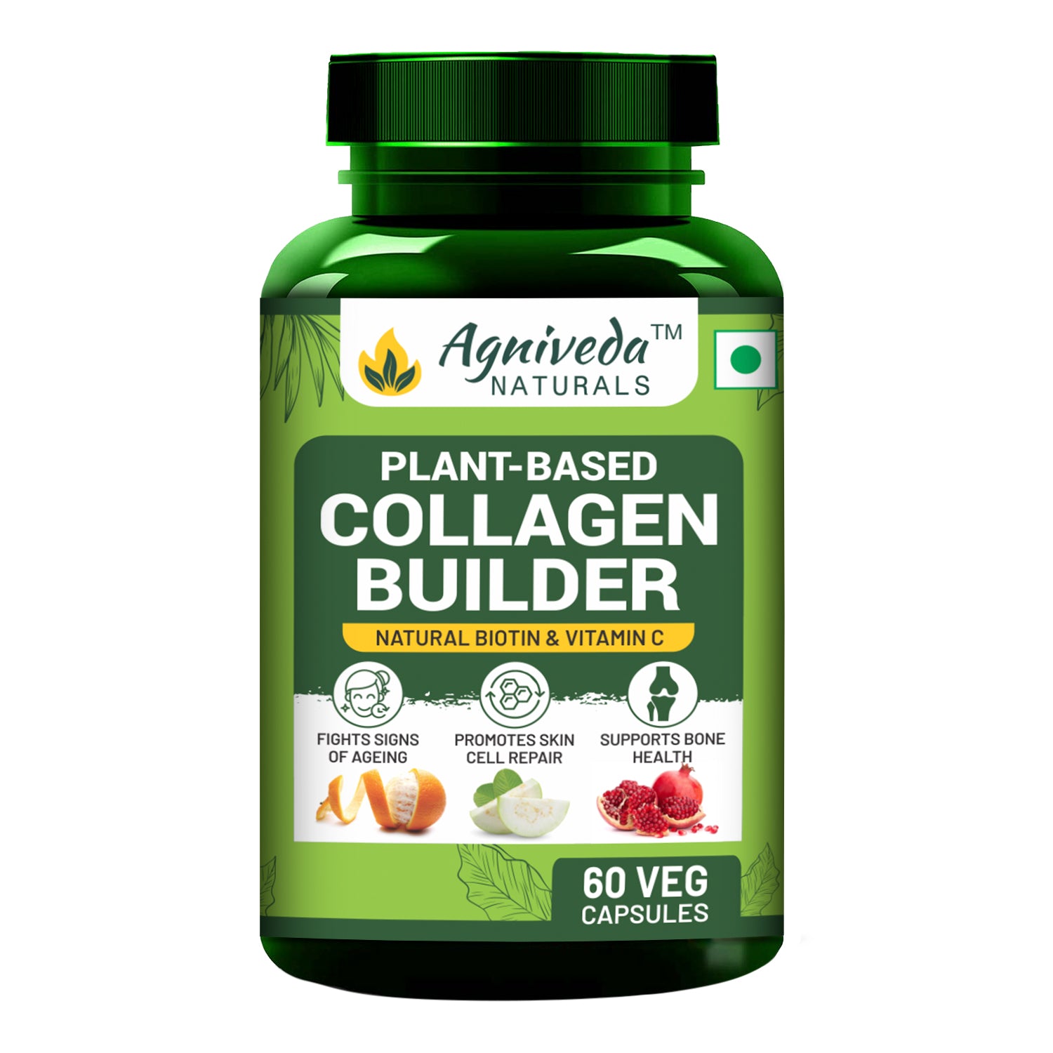 Agniveda Naturals Plant Based Collagen Builder With Biotin, Zinc, Vitamin C for Hair and Skin | Collagen Supplement for Women & Men| Glowing and Youthful Skin (60 Capsules)