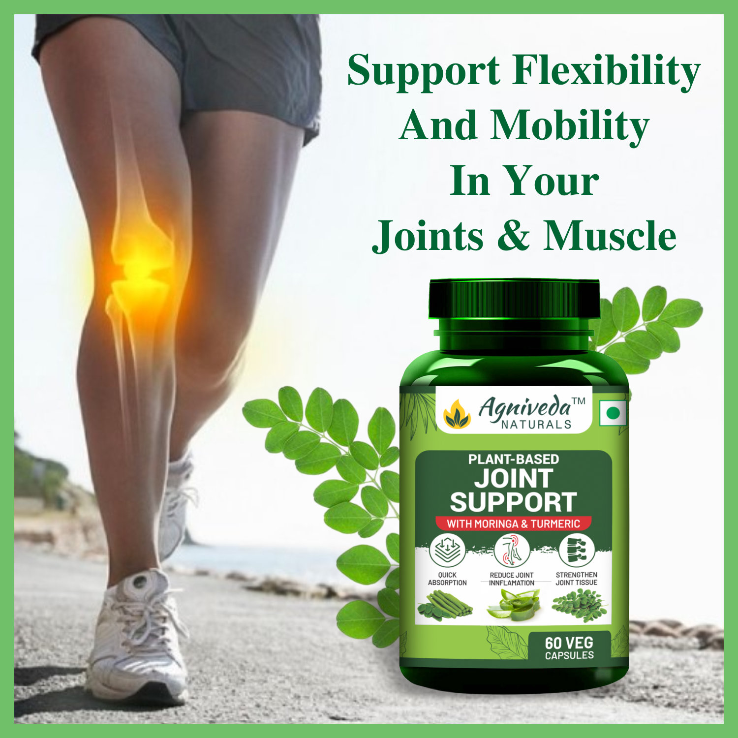 Agniveda Naturals Plant Based Joint Support 1000 mg with Moringa Leaves Powder, Boswellia Serrata Powder | 60 Veg Capsules | Supports Healthy Joints & Bones