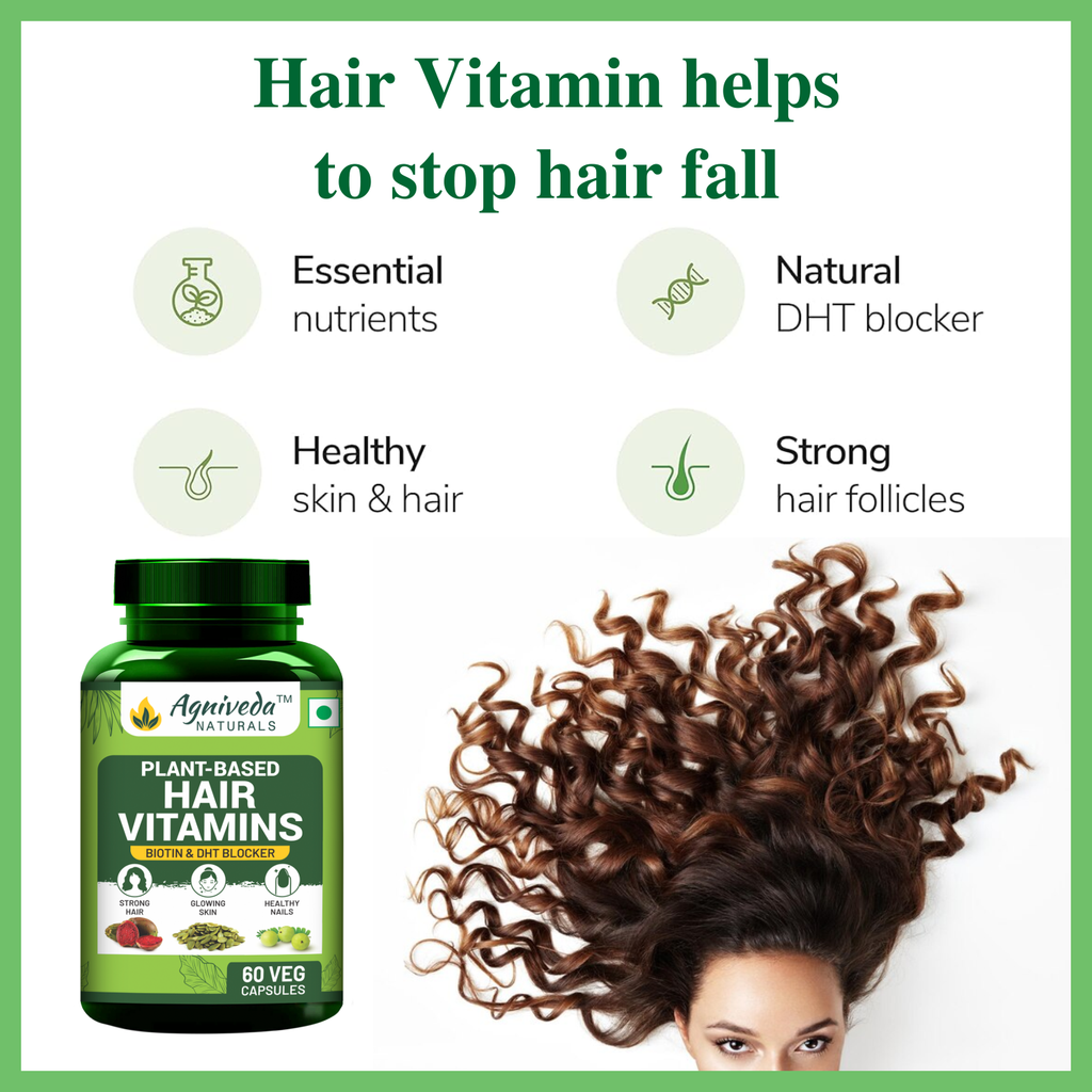 Agniveda Naturals Hair Vitamins Biotin, DHT Blocker, Vitamin B3, B5, B6, B7, B9, B12, Vitamin C, D3, E, Helps Reduce Hairfall, Stimulates Hair Follicles & Promotes Hair Growth | For Men And Women - 60 Veg Caps