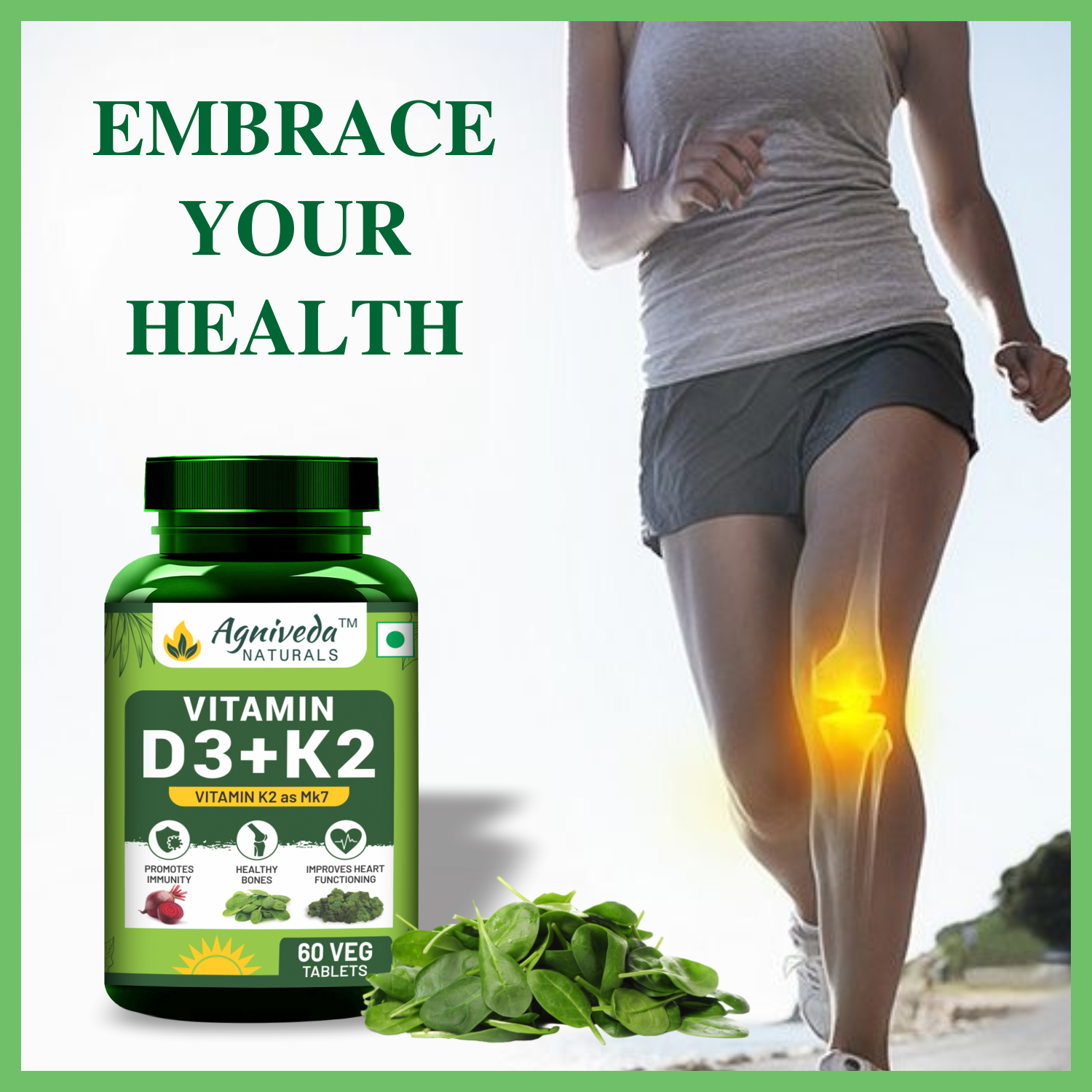 Agniveda Naturals Vitamin D3 K2 MK7 | Vegetarian Vitamin D3 Supplement Lichen Source with Vitamin K2 MK7 Menaquinone - 60 Veg Tablets