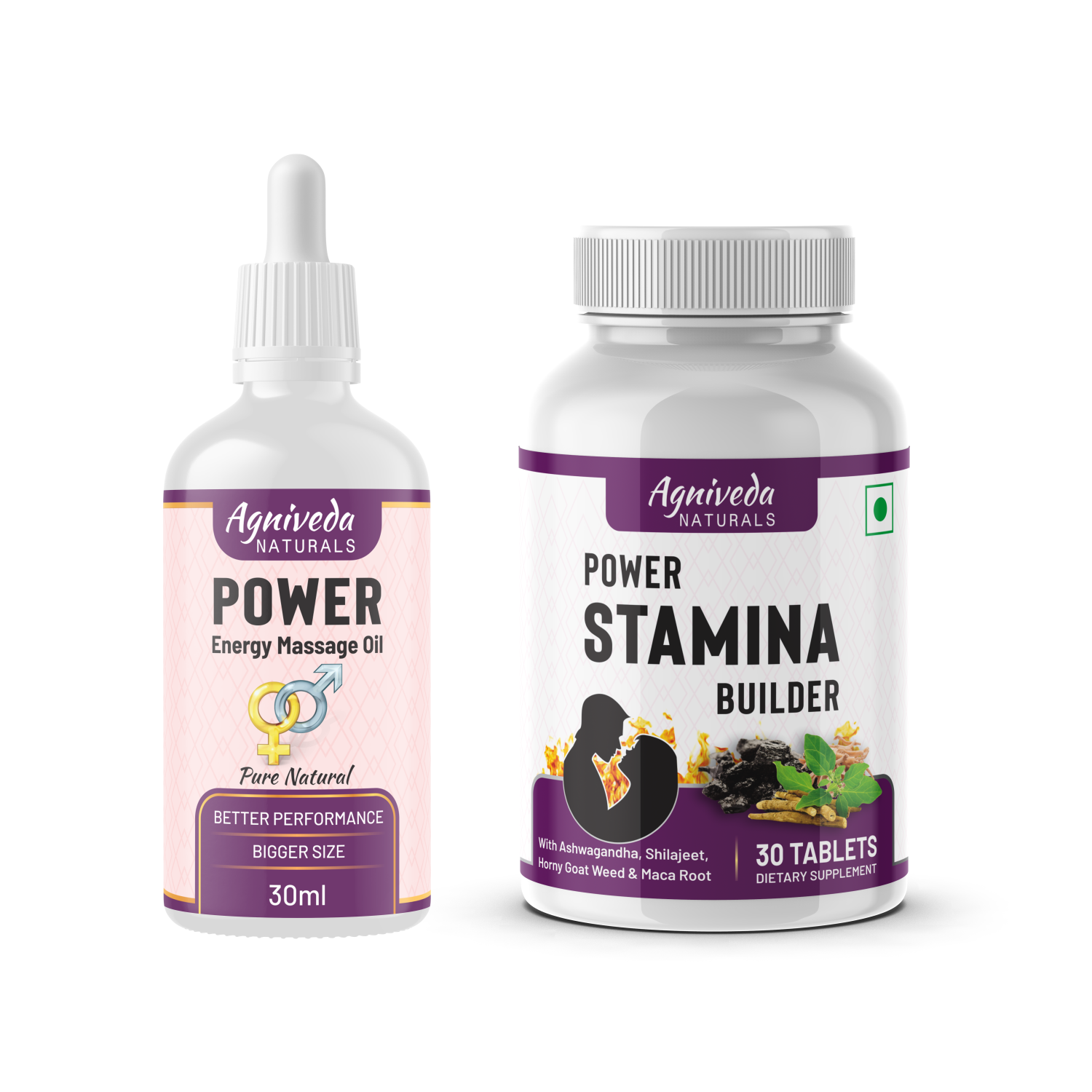 Agniveda Naturals Power Stamina Builder Tablets + Energy Sensual Message oil
