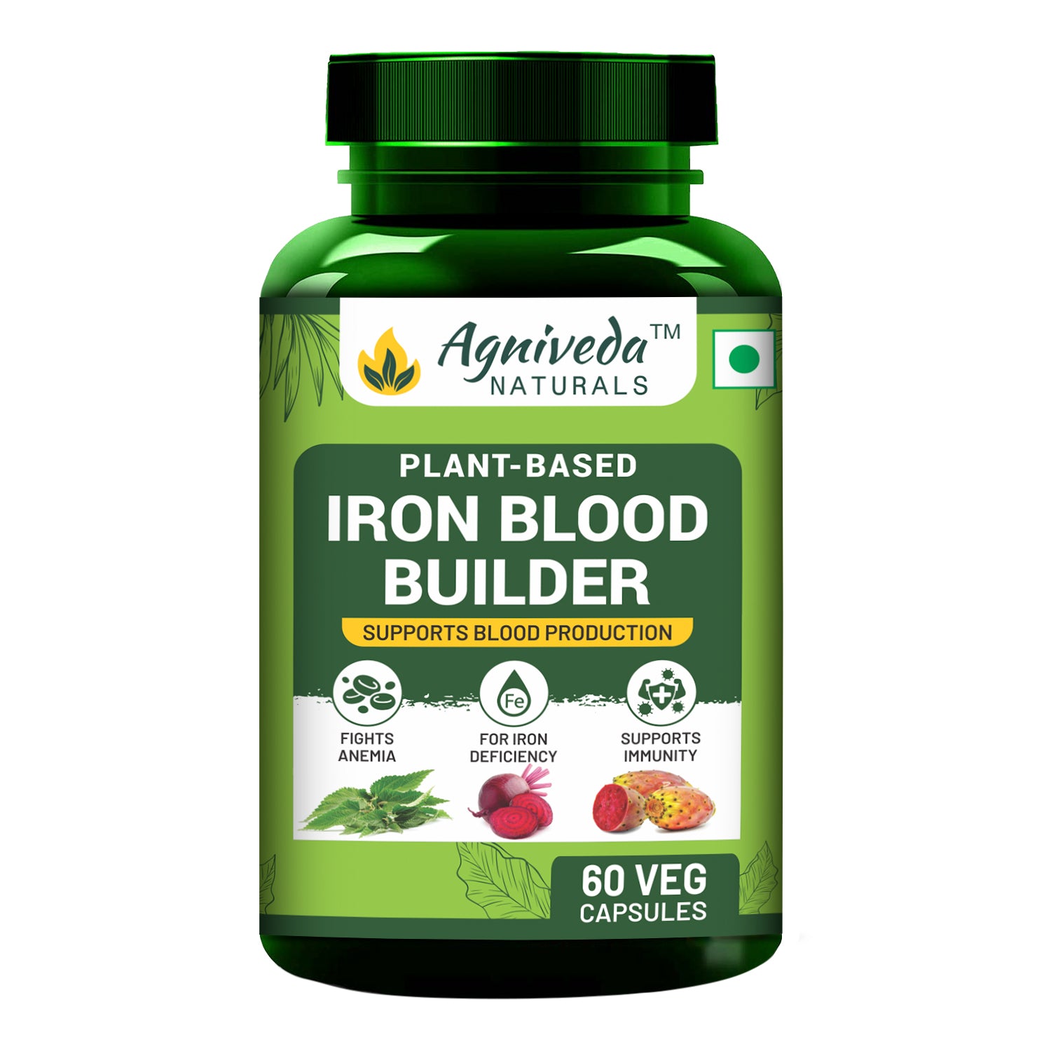 Agniveda Naturals Plant Based Iron Blood Builder 1000mg Capsule | Dietary Iron Supplement | Promotes Red Blood Cell Formation | Supports Iron Deficiency for Men & Women Elderly Adults - 60 Veg Capsules