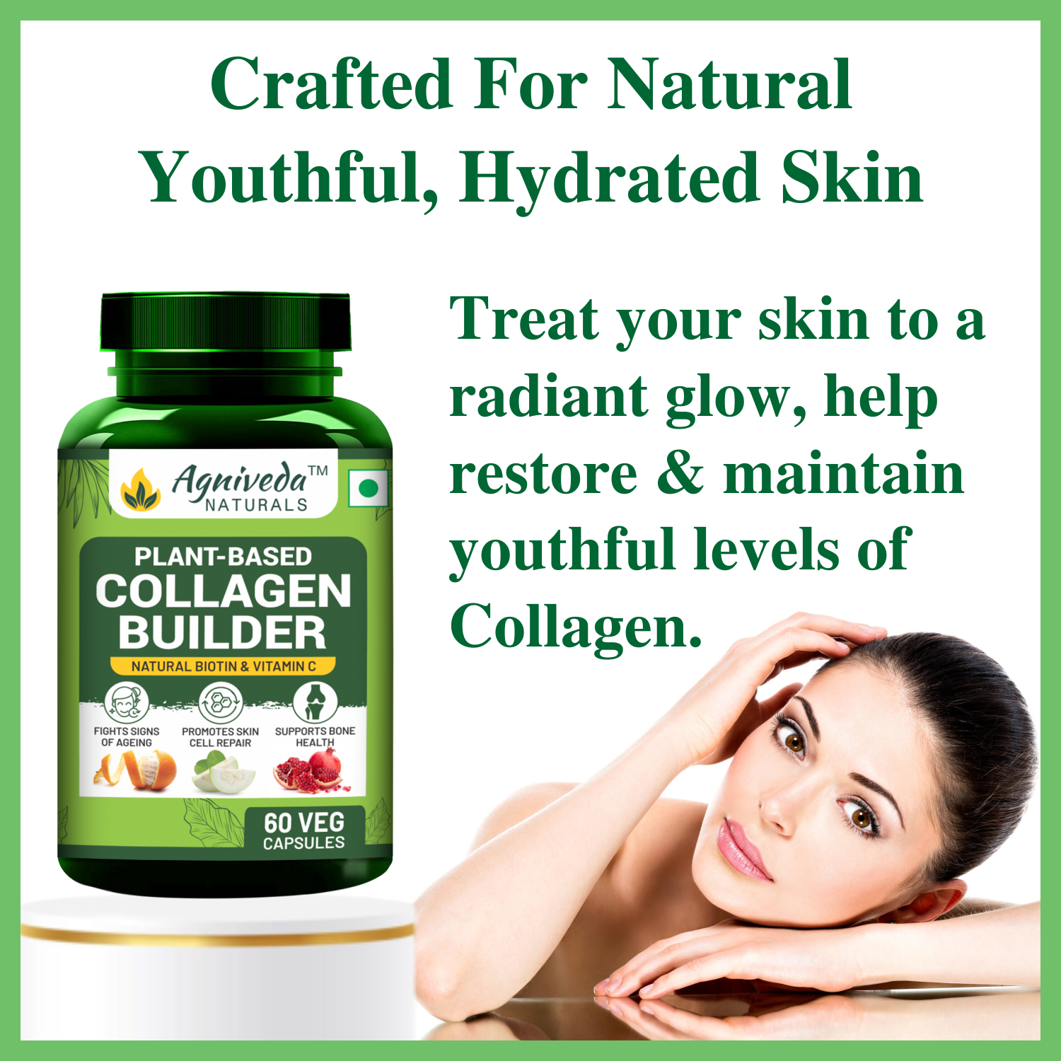 Agniveda Naturals Plant Based Collagen Builder With Biotin, Zinc, Vitamin C for Hair and Skin | Collagen Supplement for Women & Men| Glowing and Youthful Skin (60 Capsules)