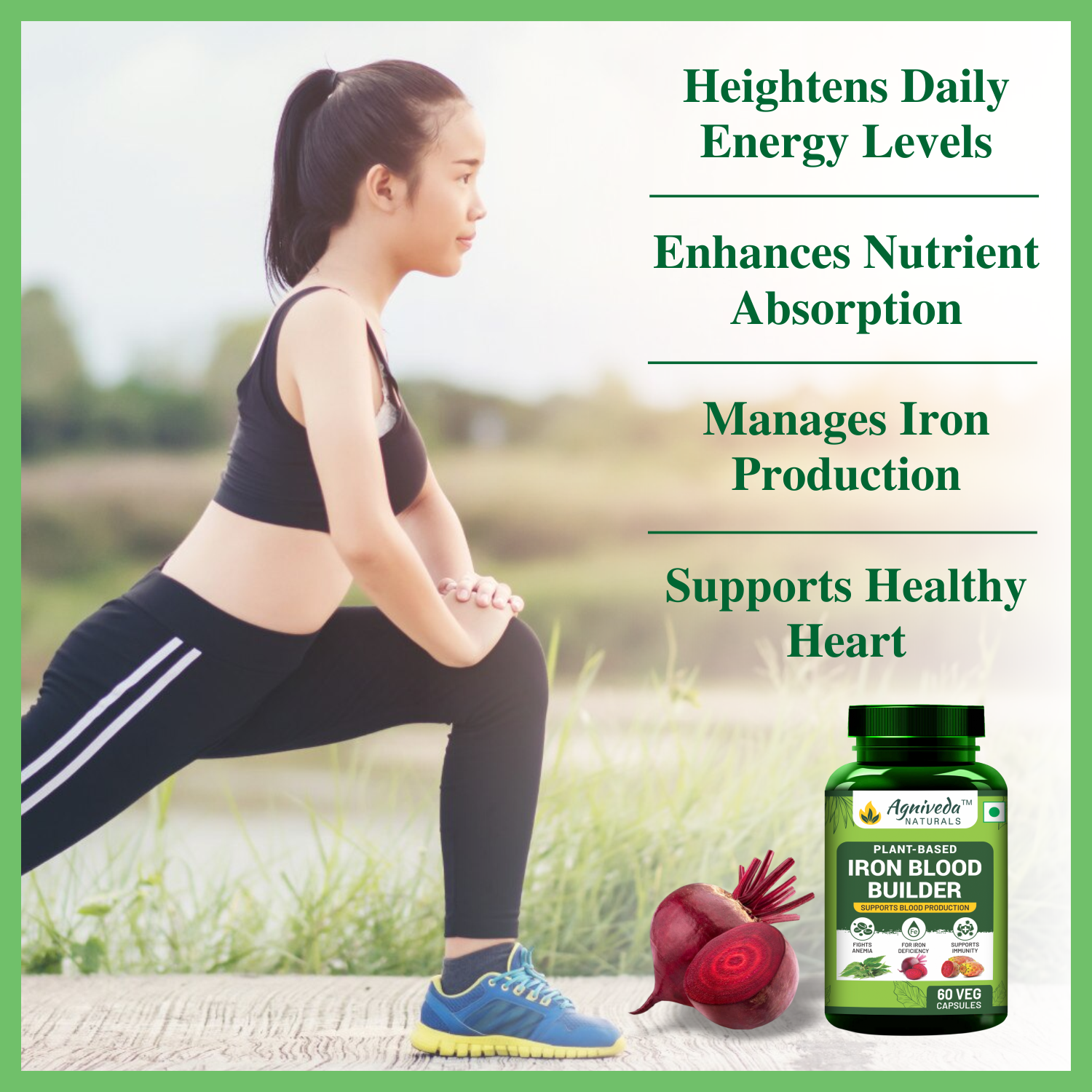 Agniveda Naturals Plant Based Iron Blood Builder 1000mg Capsule | Dietary Iron Supplement | Promotes Red Blood Cell Formation | Supports Iron Deficiency for Men & Women Elderly Adults - 60 Veg Capsules