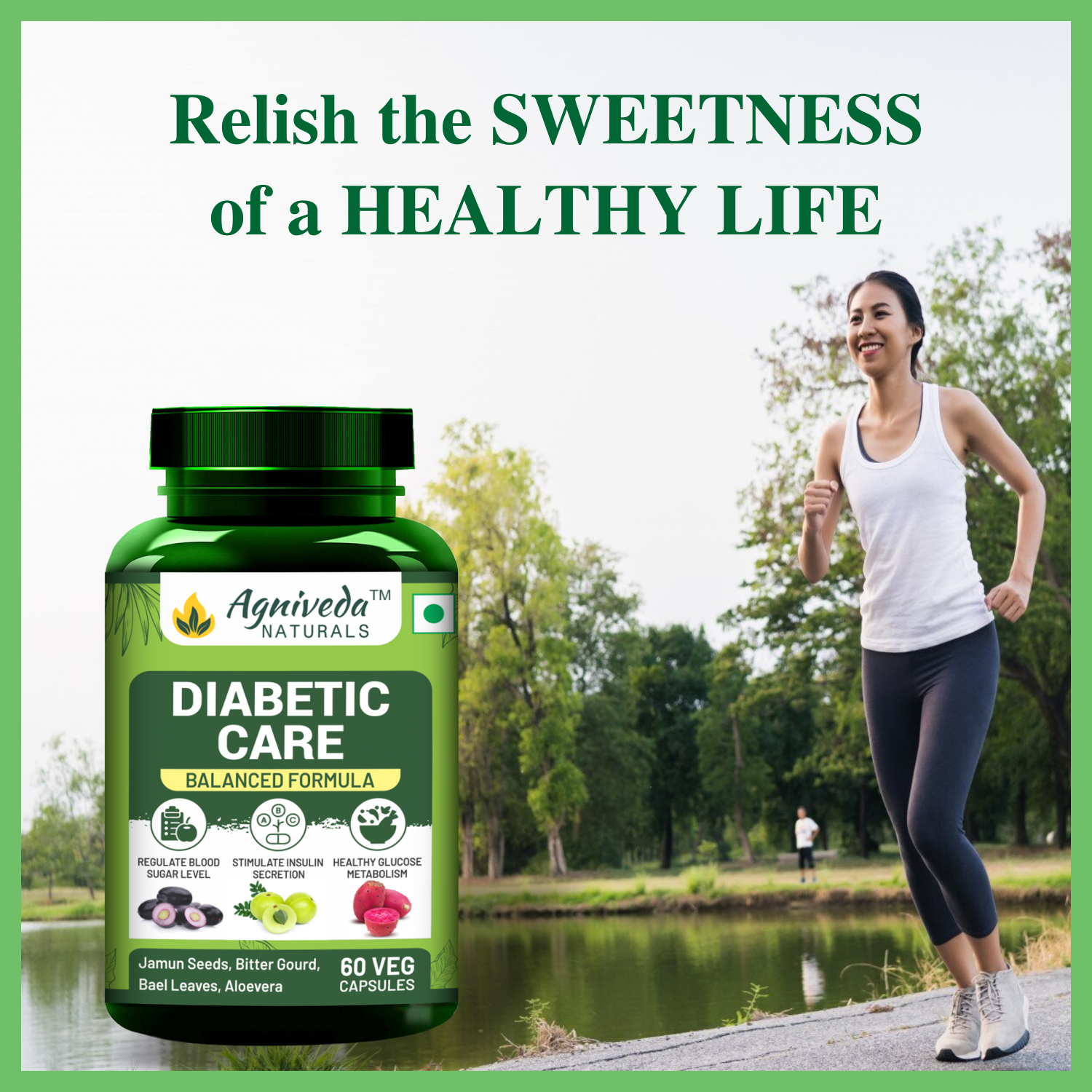 Agniveda Naturals Diabetic Care Supplements For Men & Women with Karela, Bael Leaves, Jamun and More I Manages Diabetes & Blood Sugar Levels - 60 Veg Capsules