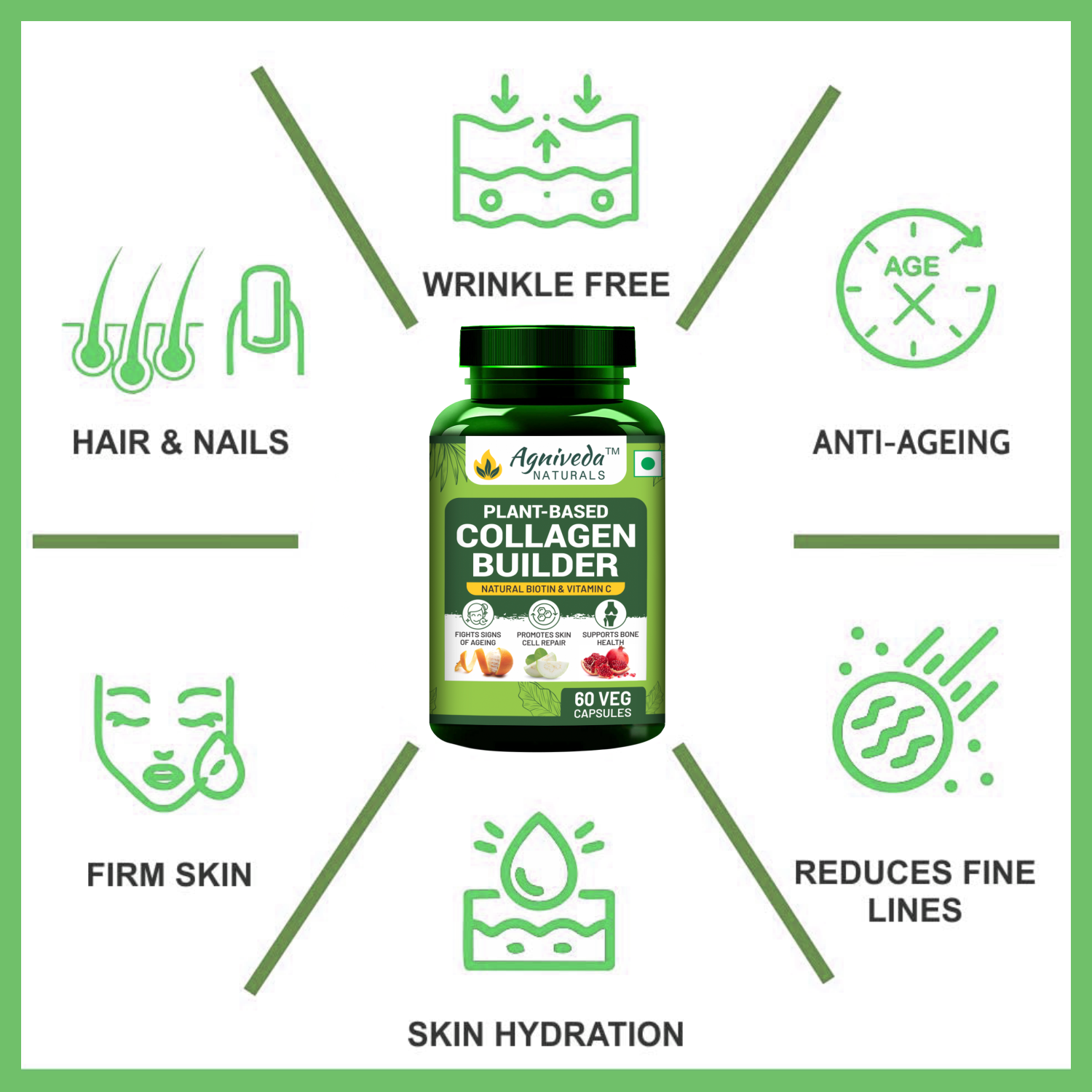 Agniveda Naturals Plant Based Collagen Builder With Biotin, Zinc, Vitamin C for Hair and Skin | Collagen Supplement for Women & Men| Glowing and Youthful Skin (60 Capsules)