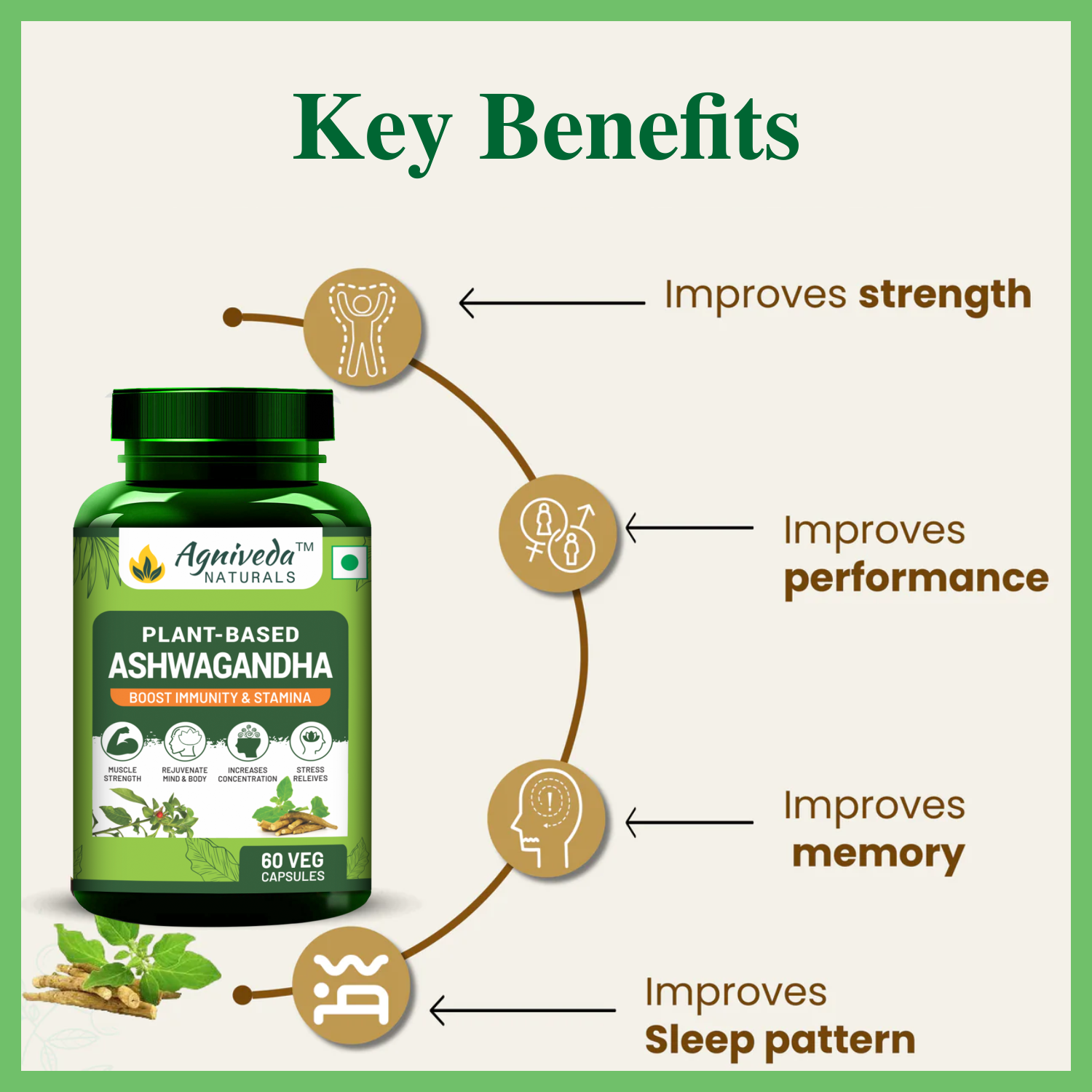 Agniveda Naturals Plant-Based Ashwagandha 1000Mg | Boost Energy, Strength, Stamina | Helps Anxiety & Stress Relief For Men & Women (60 Capsules)
