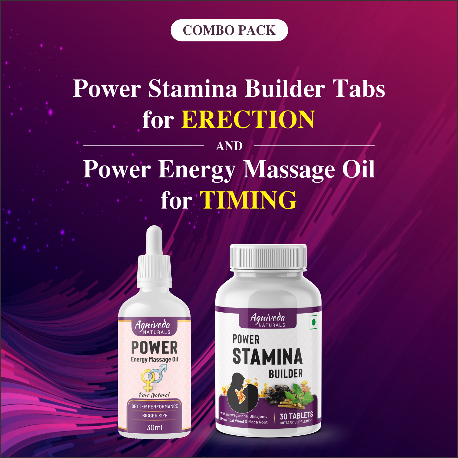 Agniveda Naturals Power Stamina Builder Tablets + Energy Sensual Message oil