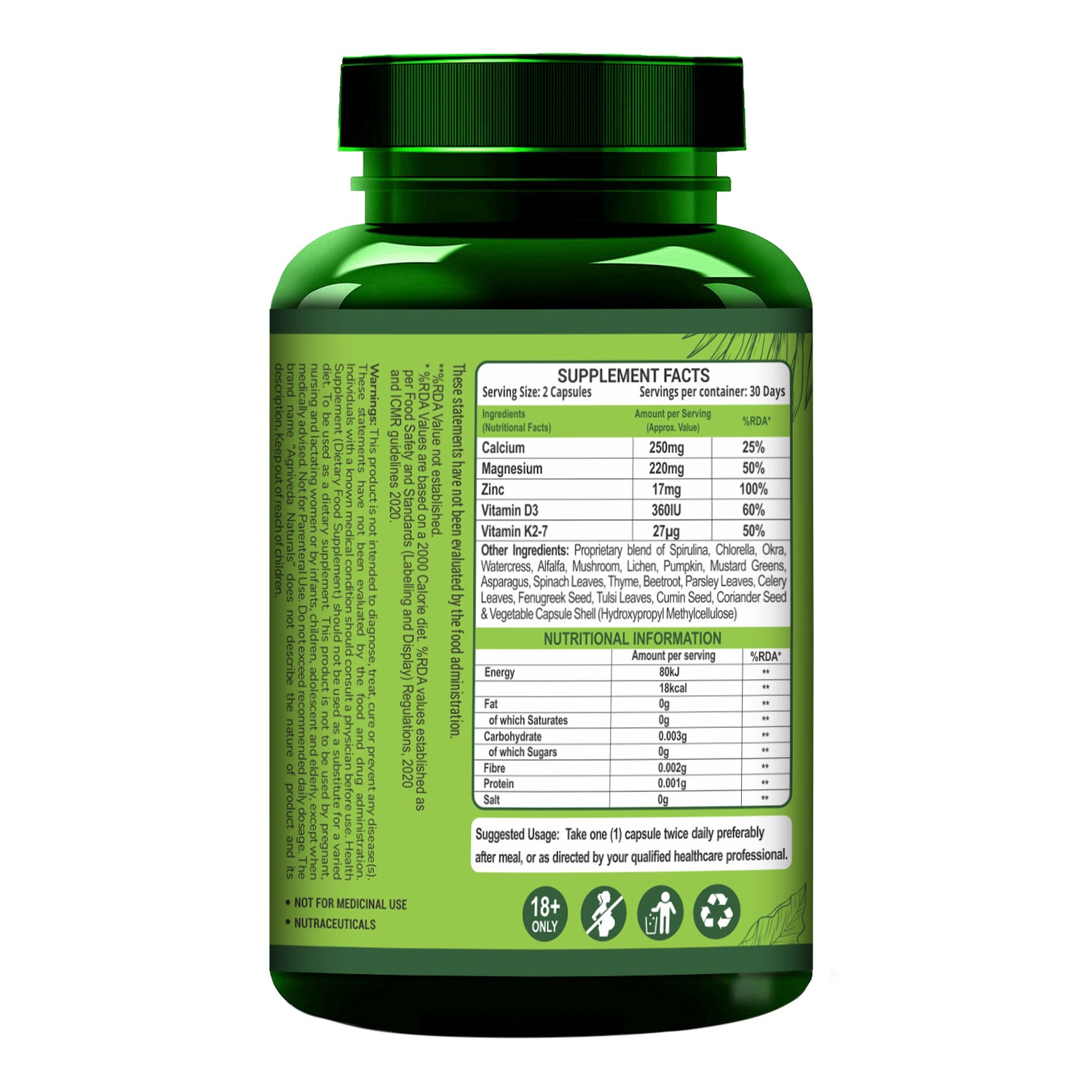 Agniveda Naturals Plant-Based Calcium Magnesium Zinc Vitamin D3 & K2MK7 | Supplement for Women and Men, Joint & Immunity Support - 60 Vegetarian Capsules