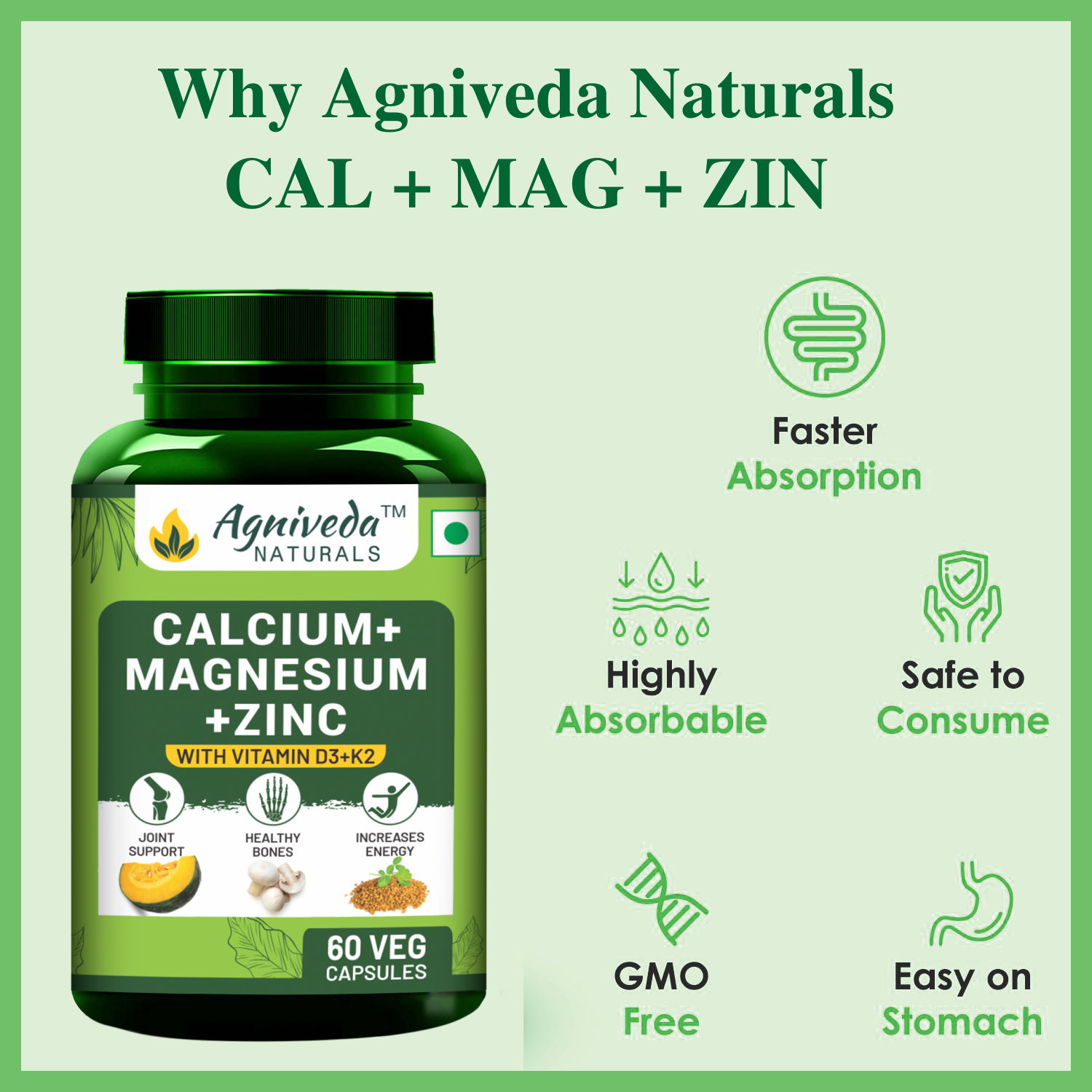 Agniveda Naturals Plant-Based Calcium Magnesium Zinc Vitamin D3 & K2MK7 | Supplement for Women and Men, Joint & Immunity Support - 60 Vegetarian Capsules
