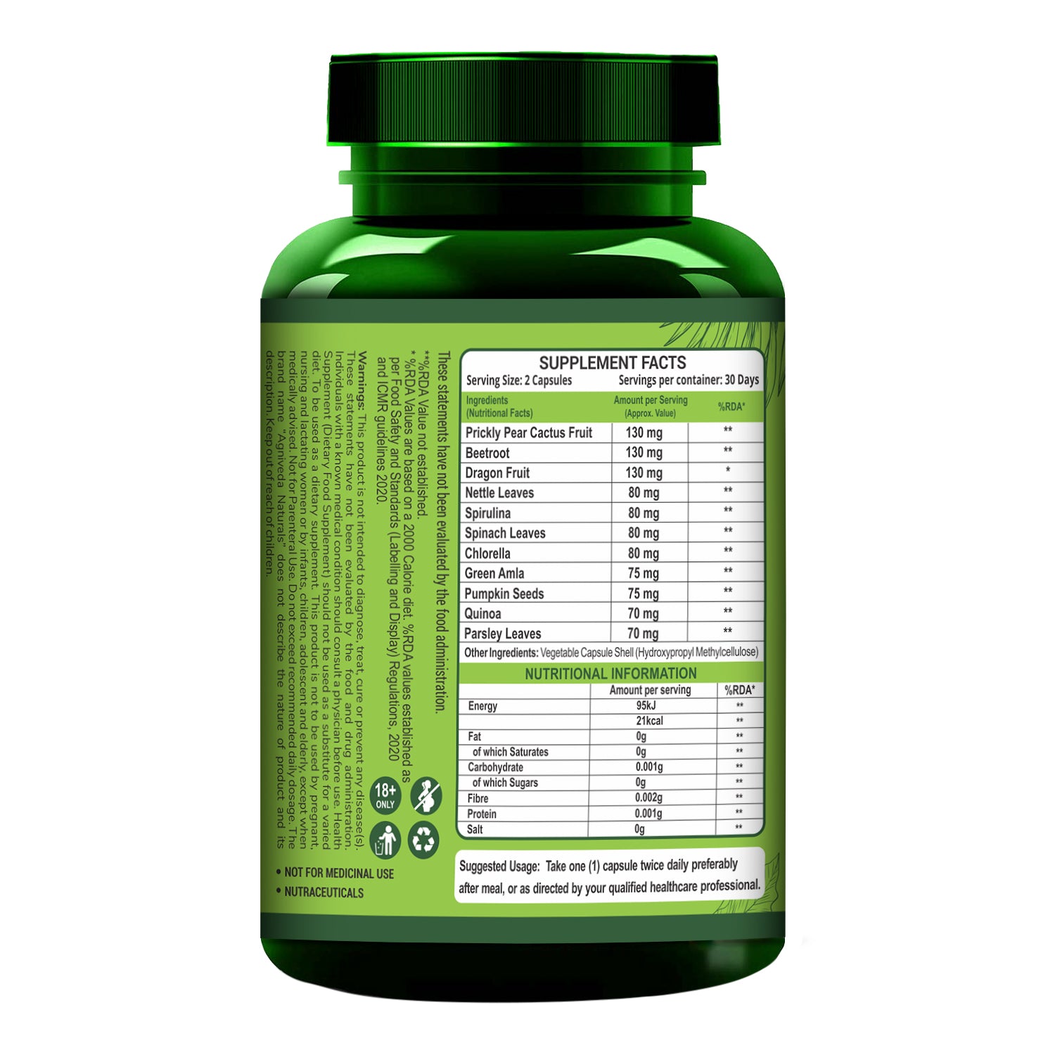 Agniveda Naturals Plant Based Iron Blood Builder 1000mg Capsule | Dietary Iron Supplement | Promotes Red Blood Cell Formation | Supports Iron Deficiency for Men & Women Elderly Adults - 60 Veg Capsules