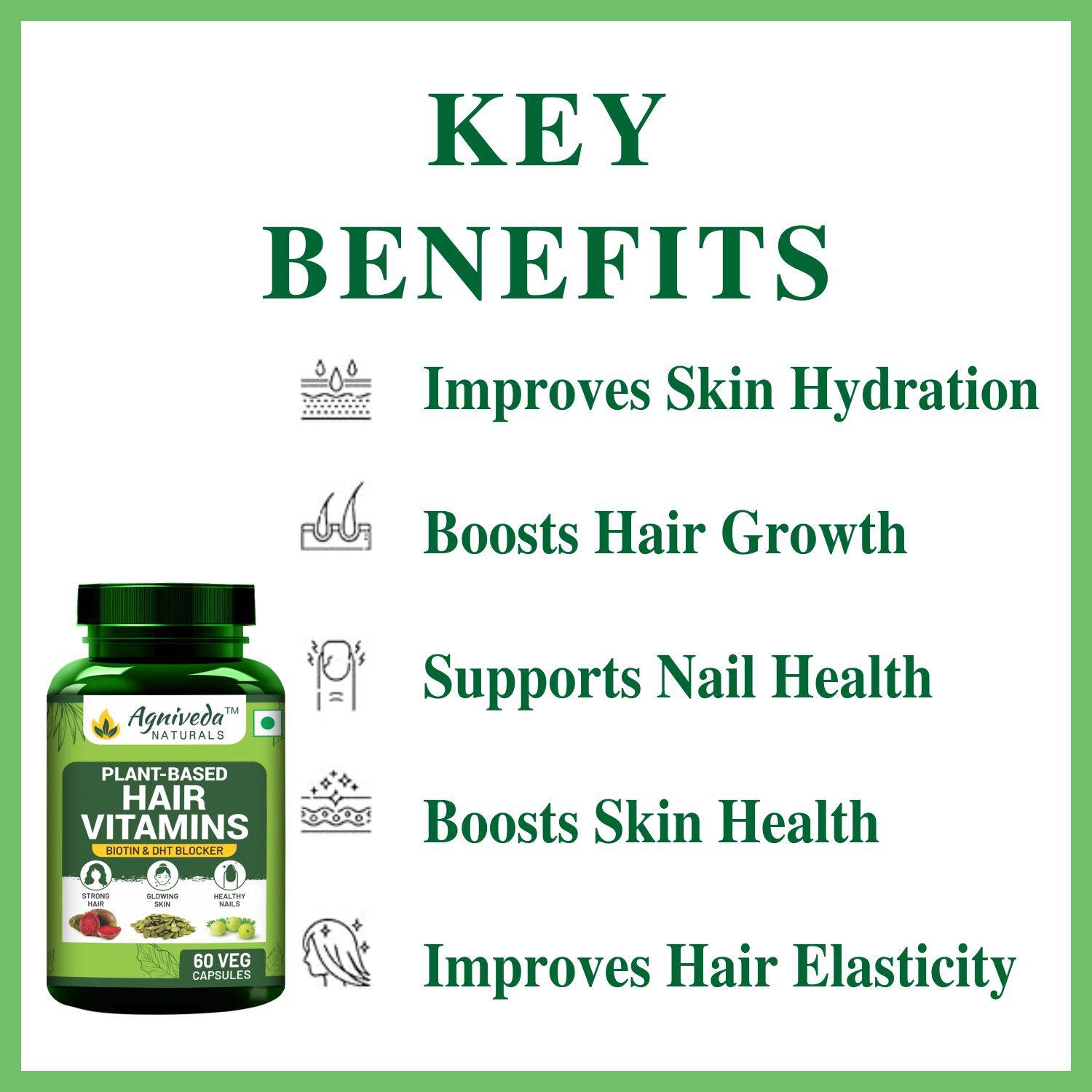 Agniveda Naturals Hair Vitamins Biotin, DHT Blocker, Vitamin B3, B5, B6, B7, B9, B12, Vitamin C, D3, E, Helps Reduce Hairfall, Stimulates Hair Follicles & Promotes Hair Growth | For Men And Women - 60 Veg Caps