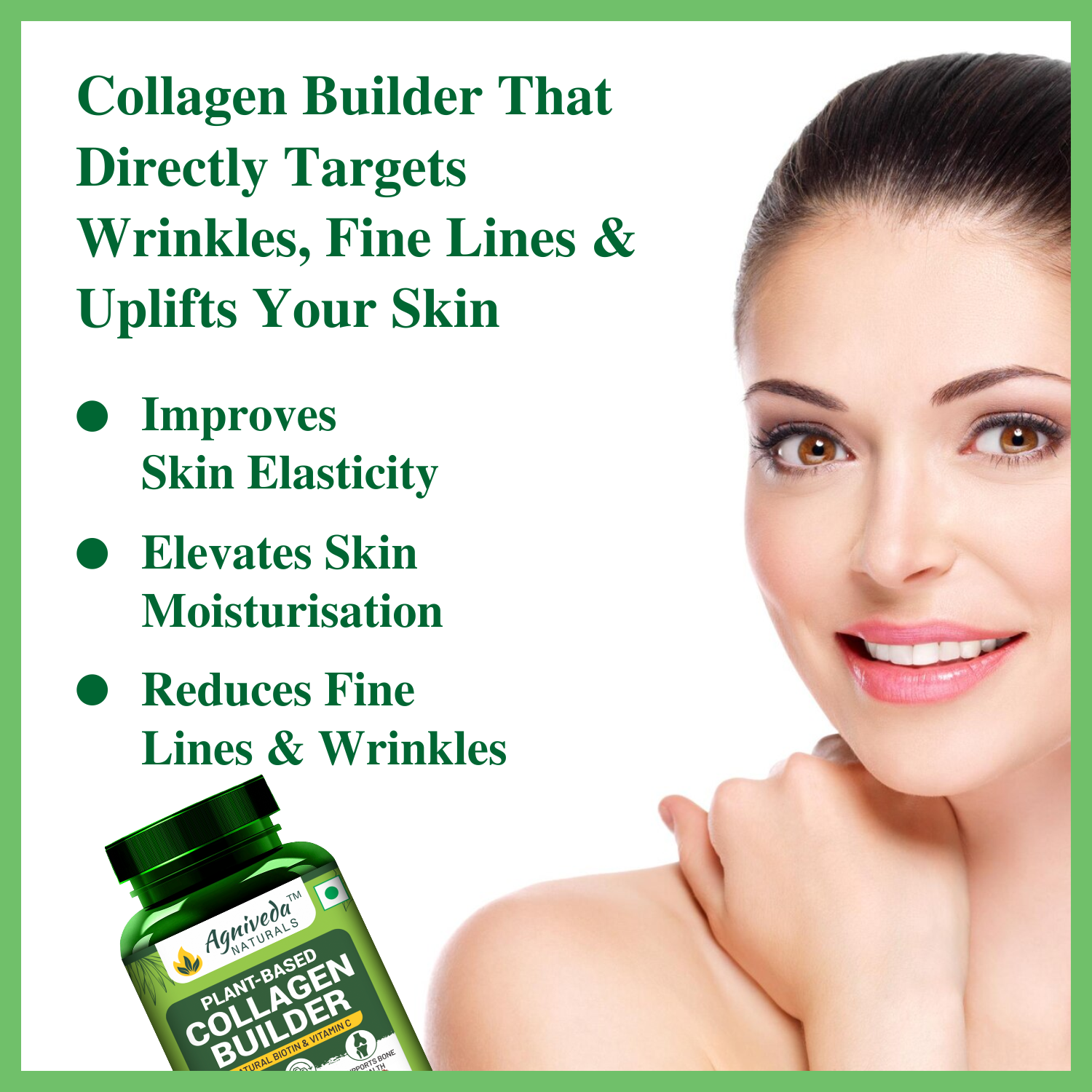 Agniveda Naturals Plant Based Collagen Builder With Biotin, Zinc, Vitamin C for Hair and Skin | Collagen Supplement for Women & Men| Glowing and Youthful Skin (60 Capsules)