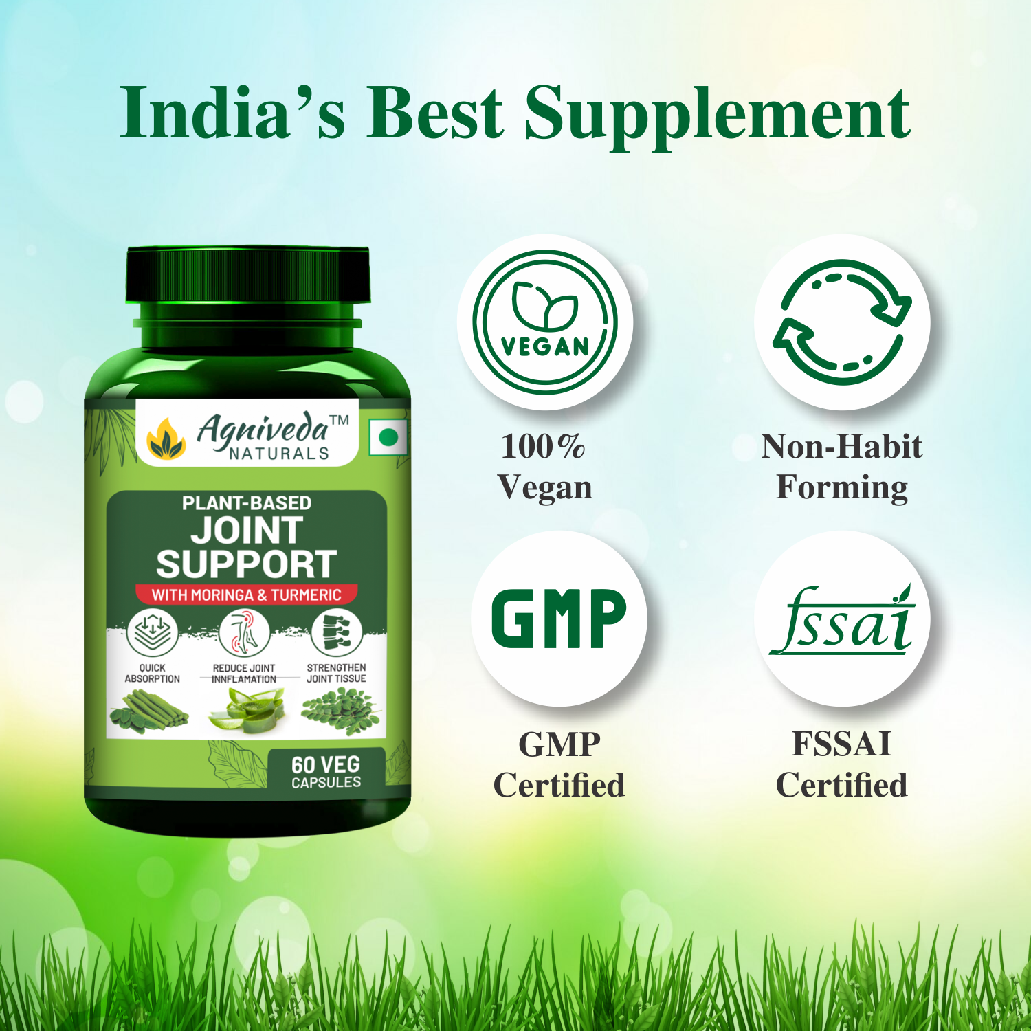 Agniveda Naturals Plant Based Joint Support 1000 mg with Moringa Leaves Powder, Boswellia Serrata Powder | 60 Veg Capsules | Supports Healthy Joints & Bones
