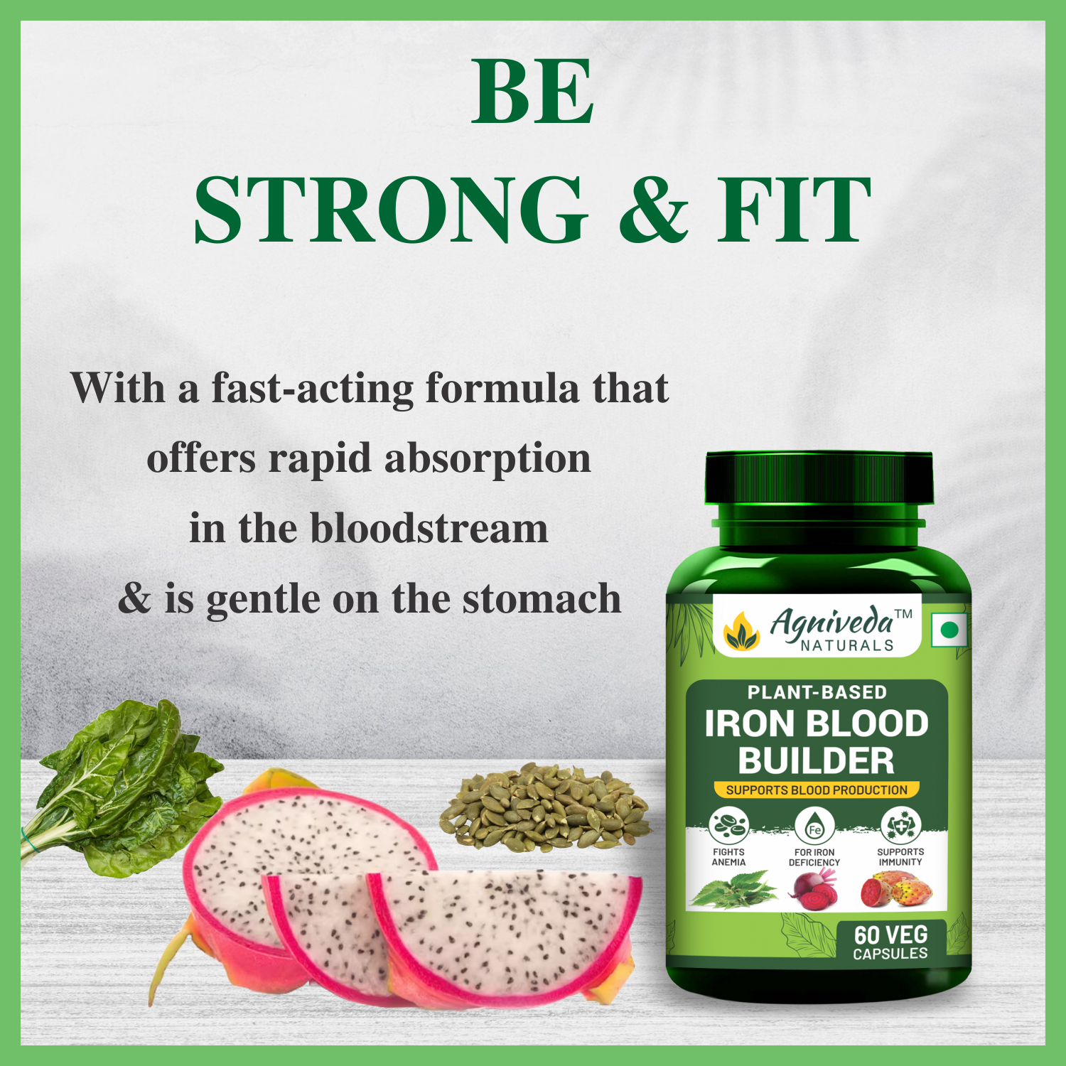 Agniveda Naturals Plant Based Iron Blood Builder 1000mg Capsule | Dietary Iron Supplement | Promotes Red Blood Cell Formation | Supports Iron Deficiency for Men & Women Elderly Adults - 60 Veg Capsules