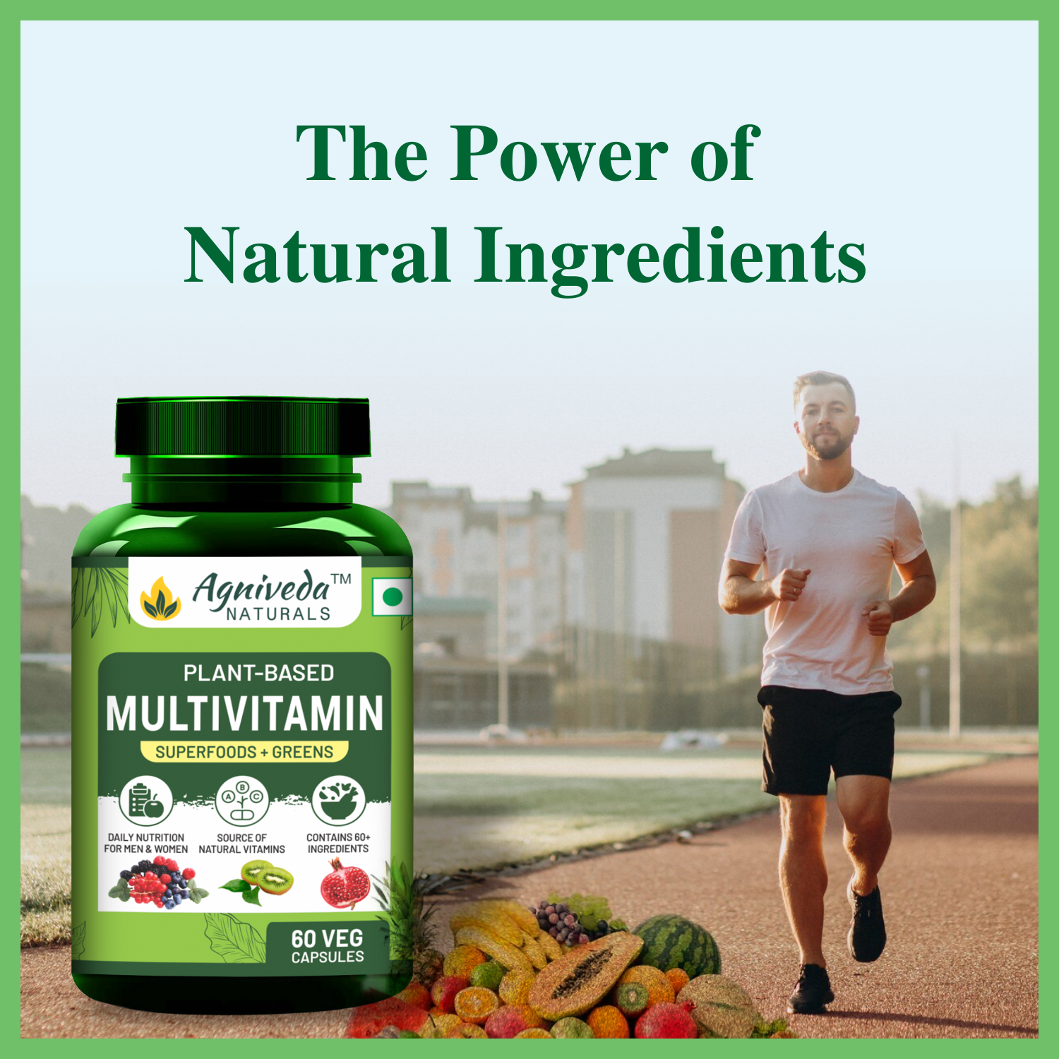Agniveda Naturals Plant Based Multivitamin 60+ Ingredients With Vitamin B1, B2, B3, B5, B6, B7, B9, B12, A, C, D, E, K, Calcium etc,Good For Men & Women - 60 Veg Capsule