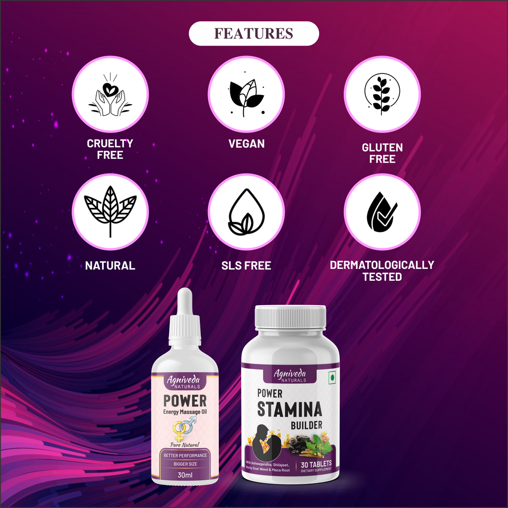 Agniveda Naturals Power Stamina Builder Tablets + Energy Sensual Message oil