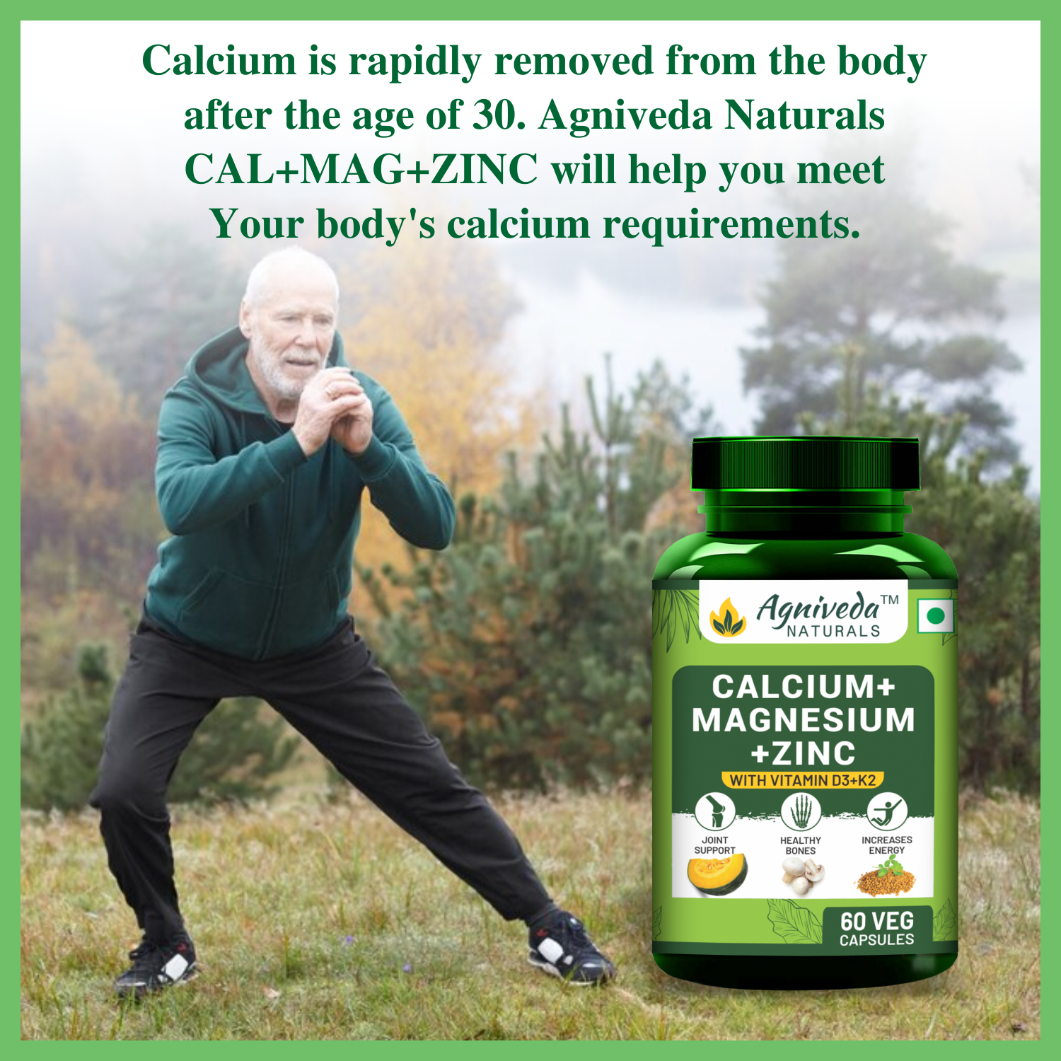 Agniveda Naturals Plant-Based Calcium Magnesium Zinc Vitamin D3 & K2MK7 | Supplement for Women and Men, Joint & Immunity Support - 60 Vegetarian Capsules
