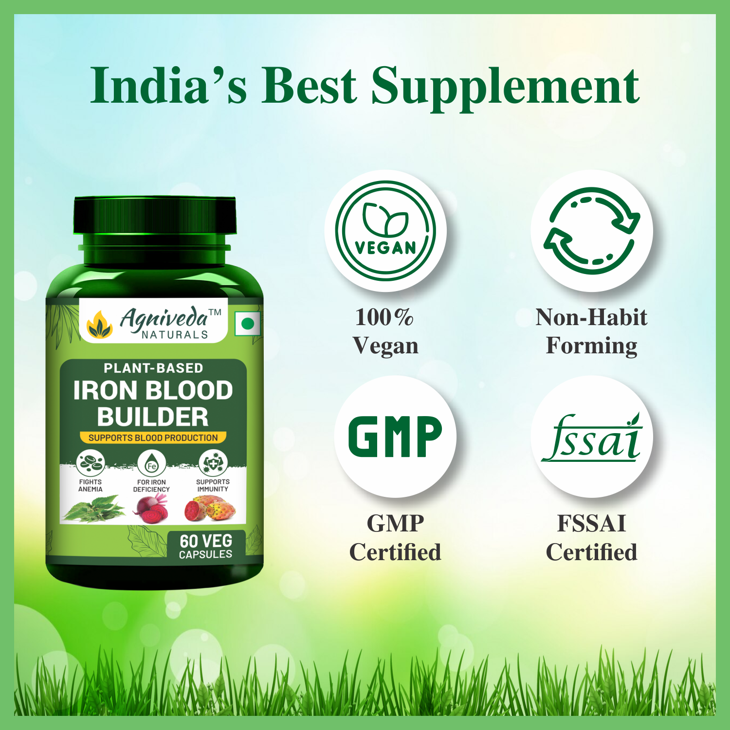 Agniveda Naturals Plant Based Iron Blood Builder 1000mg Capsule | Dietary Iron Supplement | Promotes Red Blood Cell Formation | Supports Iron Deficiency for Men & Women Elderly Adults - 60 Veg Capsules
