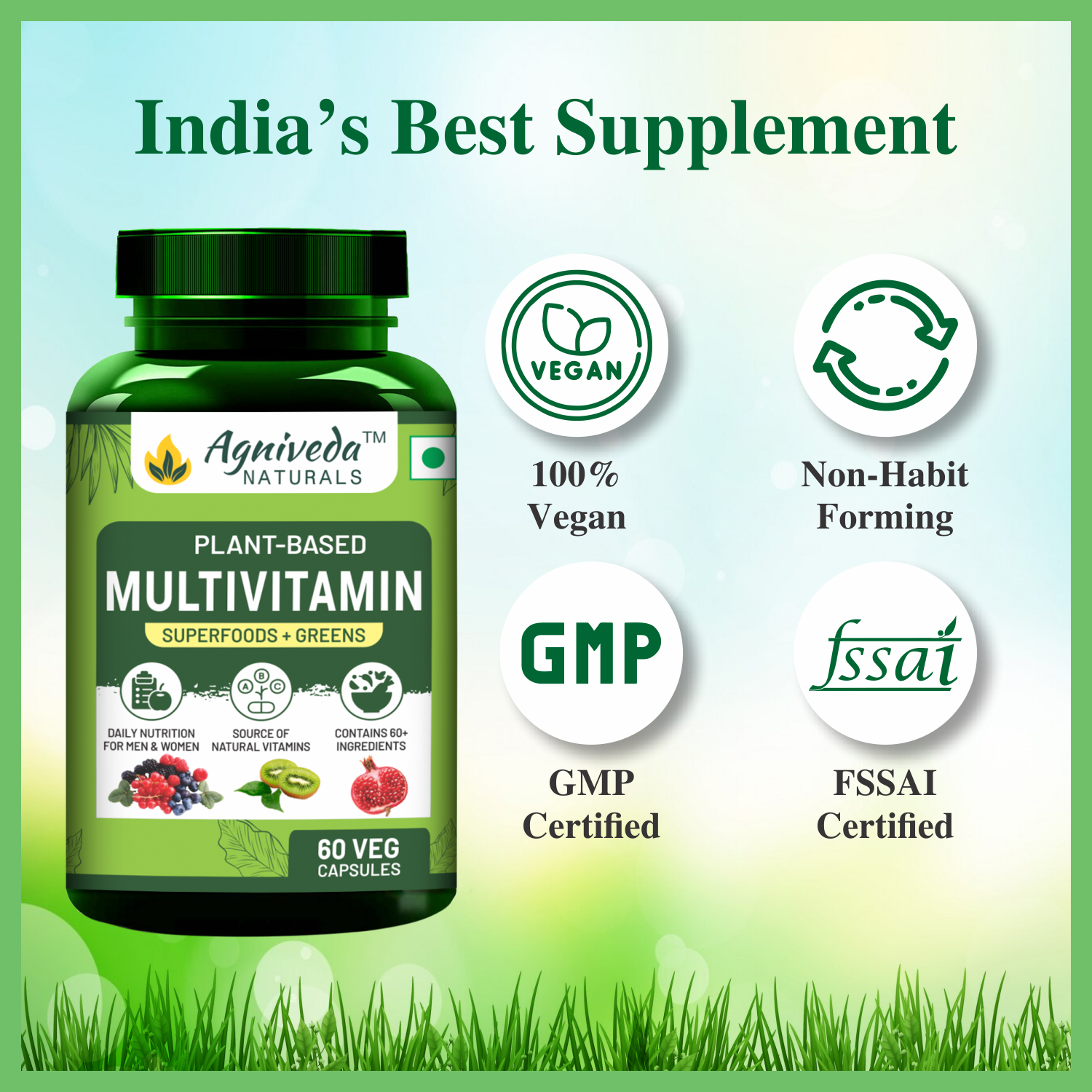 Agniveda Naturals Plant Based Multivitamin 60+ Ingredients With Vitamin B1, B2, B3, B5, B6, B7, B9, B12, A, C, D, E, K, Calcium etc,Good For Men & Women - 60 Veg Capsule