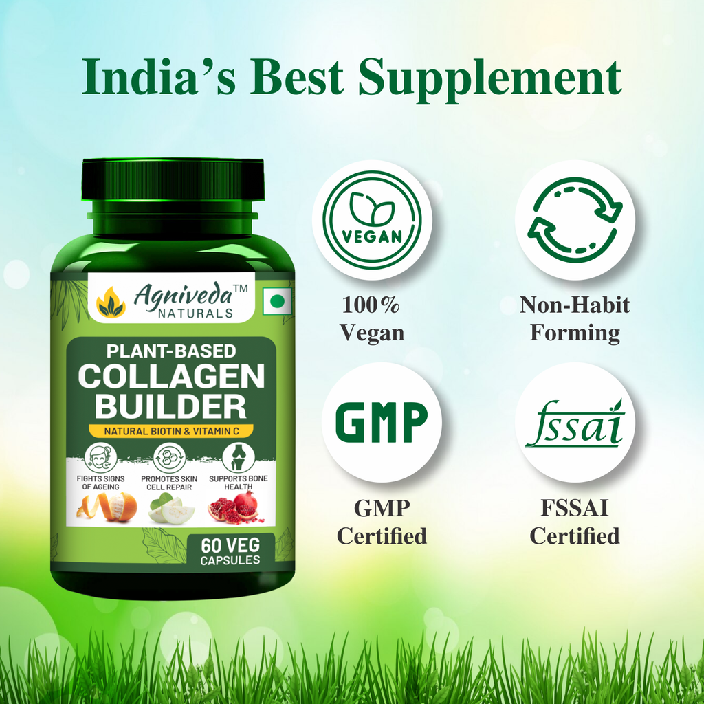 Agniveda Naturals Plant Based Collagen Builder With Biotin, Zinc, Vitamin C for Hair and Skin | Collagen Supplement for Women & Men| Glowing and Youthful Skin (60 Capsules)