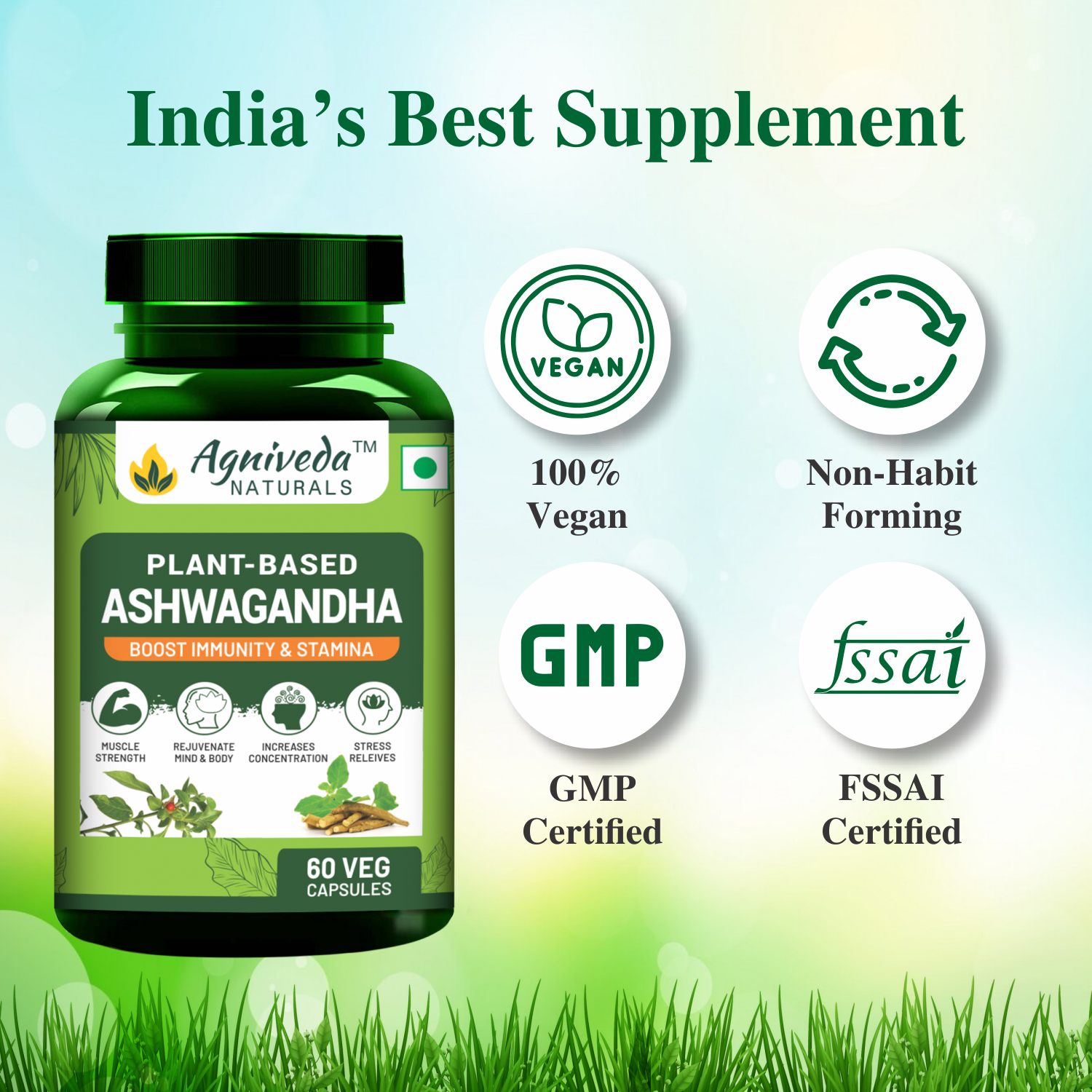 Agniveda Naturals Plant-Based Ashwagandha 1000Mg | Boost Energy, Strength, Stamina | Helps Anxiety & Stress Relief For Men & Women (60 Capsules)