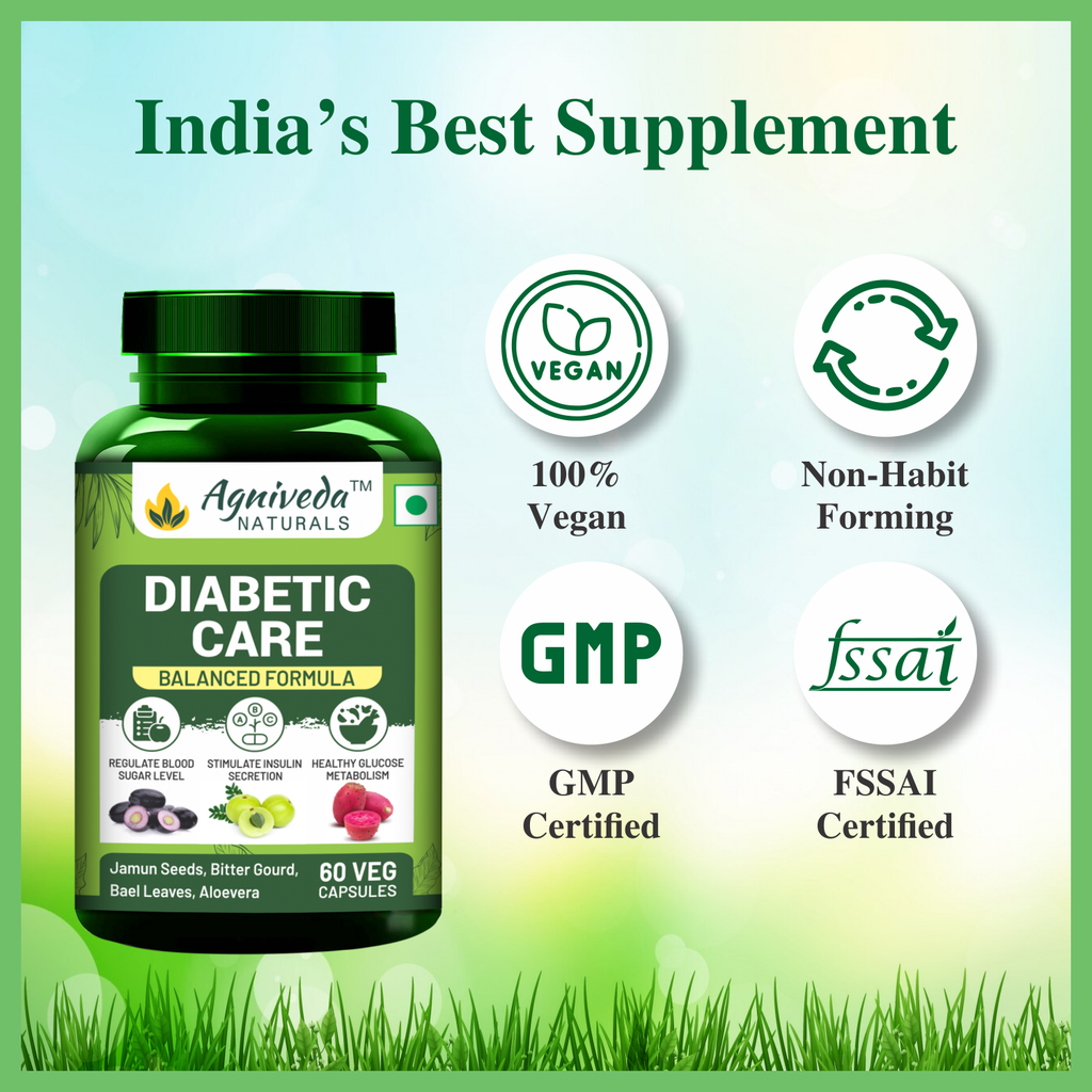 Agniveda Naturals Diabetic Care Supplements For Men & Women with Karela, Bael Leaves, Jamun and More I Manages Diabetes & Blood Sugar Levels - 60 Veg Capsules