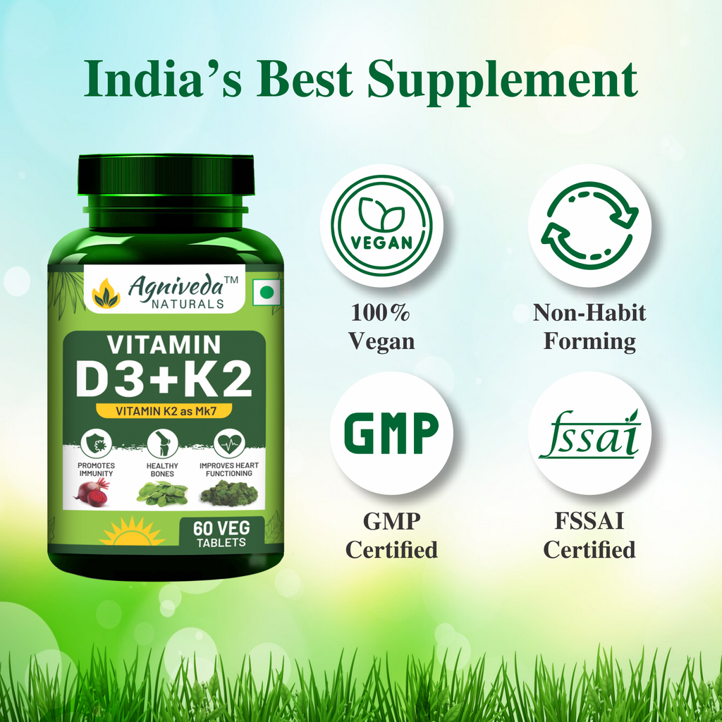 Agniveda Naturals Vitamin D3 K2 MK7 | Vegetarian Vitamin D3 Supplement Lichen Source with Vitamin K2 MK7 Menaquinone - 60 Veg Tablets