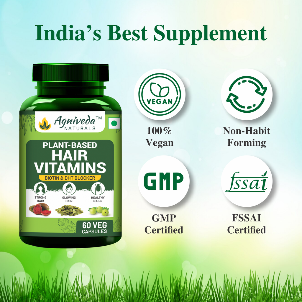 Agniveda Naturals Hair Vitamins Biotin, DHT Blocker, Vitamin B3, B5, B6, B7, B9, B12, Vitamin C, D3, E, Helps Reduce Hairfall, Stimulates Hair Follicles & Promotes Hair Growth | For Men And Women - 60 Veg Caps