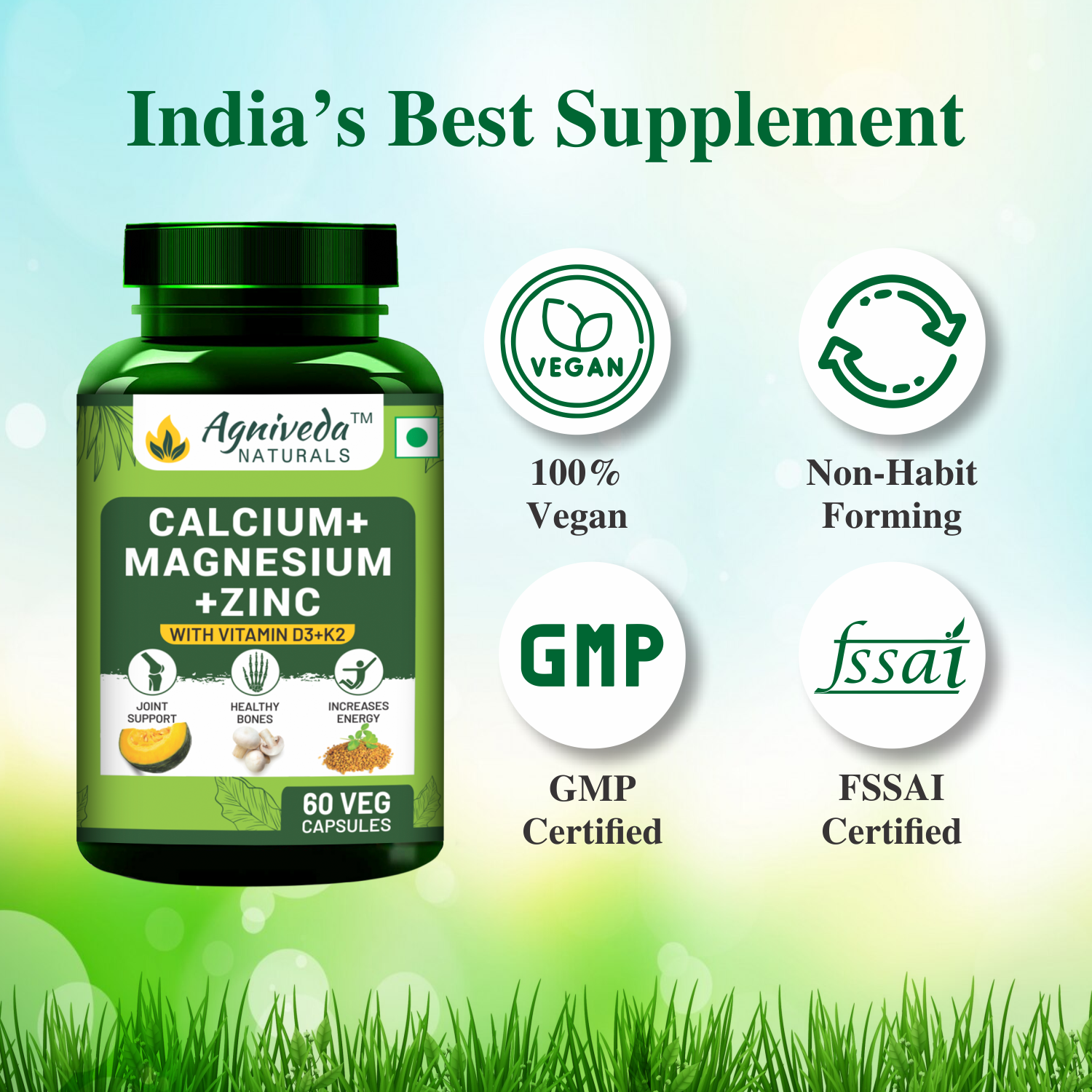 Agniveda Naturals Plant-Based Calcium Magnesium Zinc Vitamin D3 & K2MK7 | Supplement for Women and Men, Joint & Immunity Support - 60 Vegetarian Capsules