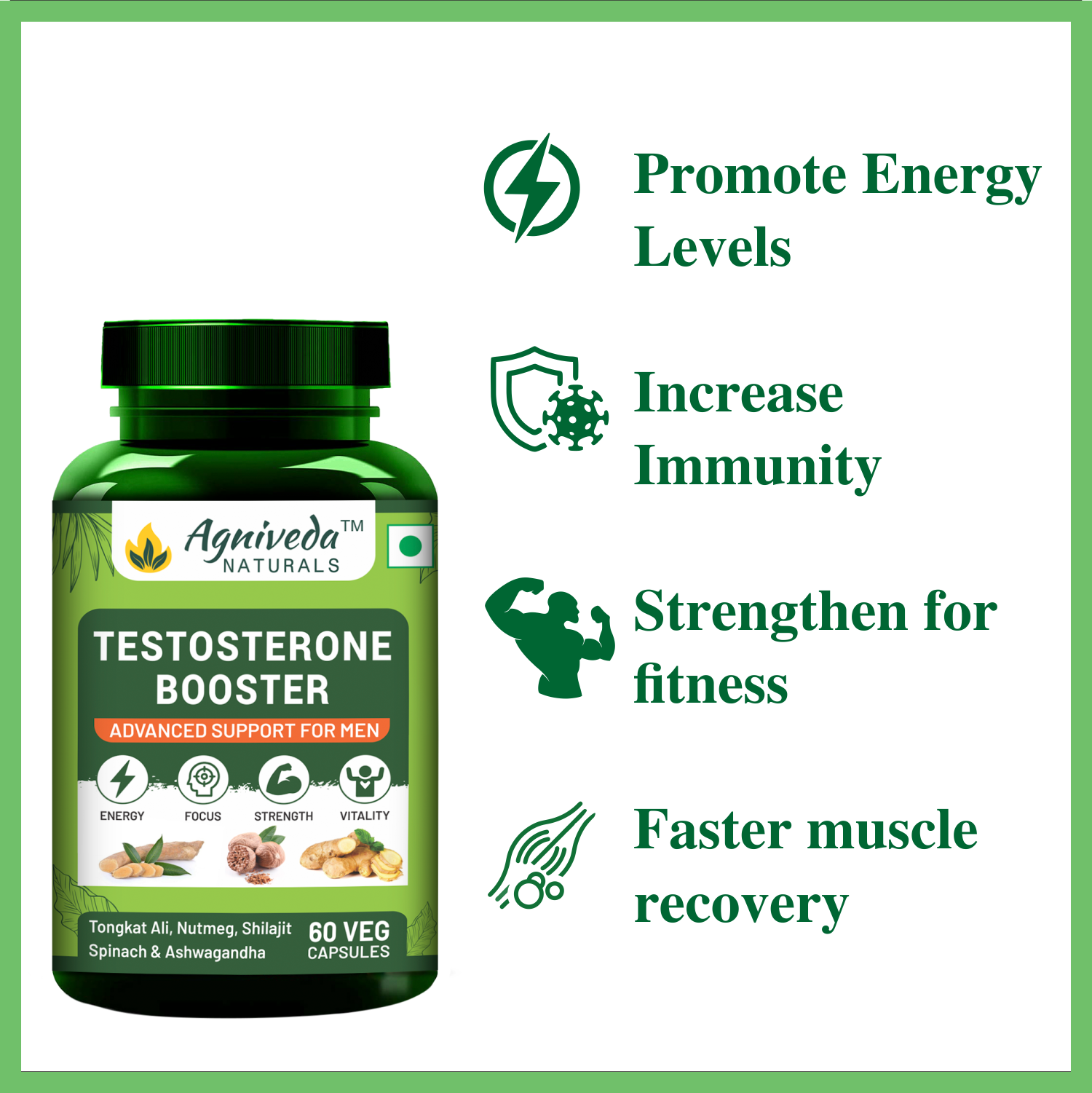 Agniveda Naturals Testosterone Booster For Men With, Ashwagandha, Shilajit Muscle Support And Energy Support (60 Veg Capsules)