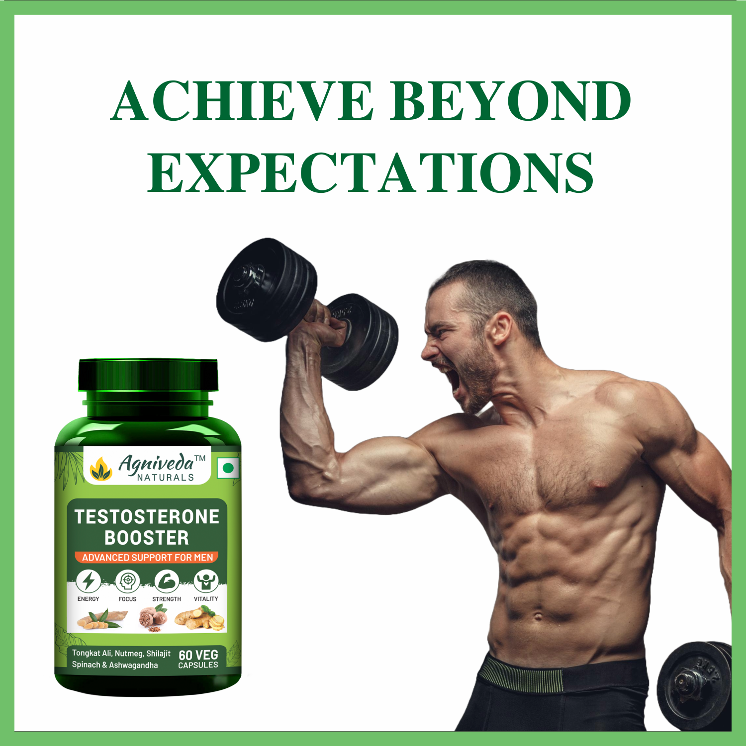 Agniveda Naturals Testosterone Booster For Men With, Ashwagandha, Shilajit Muscle Support And Energy Support (60 Veg Capsules)