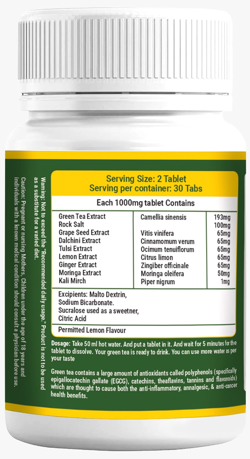 Agniveda Naturals Green-Tea Lemon Flavour, Grape seed, Dalchini, Tulsi, Moringa, for immunity booster, detox & weight managment  60 Tabs