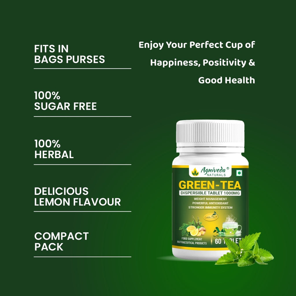 Agniveda Naturals Green-Tea Lemon Flavour, Grape seed, Dalchini, Tulsi, Moringa, for immunity booster, detox & weight managment  60 Tabs