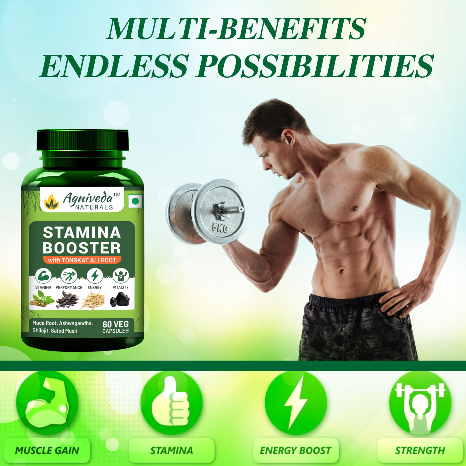 Agniveda Naturals Stamina Booster for Endurance and Strength - 60 Capsules