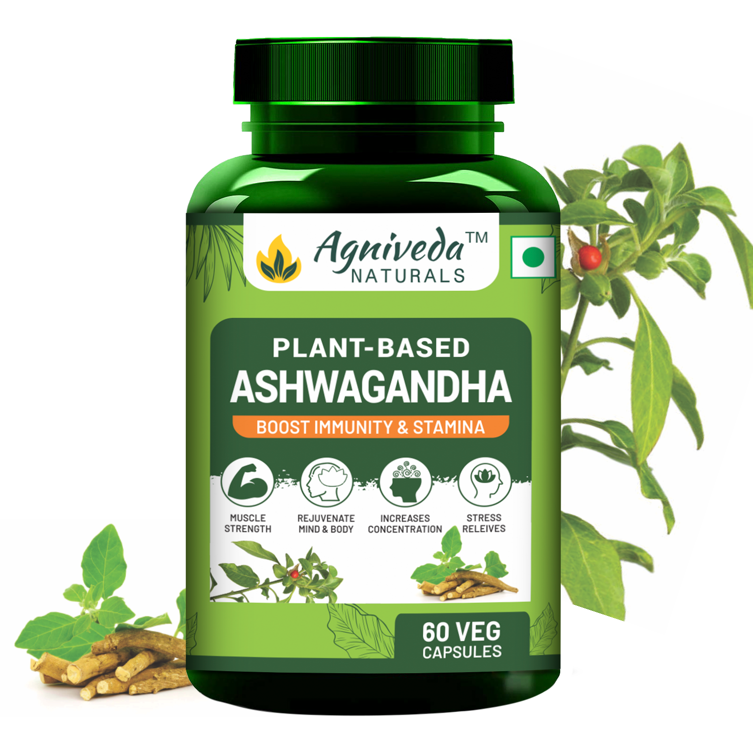 Agniveda Naturals Plant-Based Ashwagandha 1000Mg | Boost Energy, Strength, Stamina | Helps Anxiety & Stress Relief For Men & Women (60 Capsules)