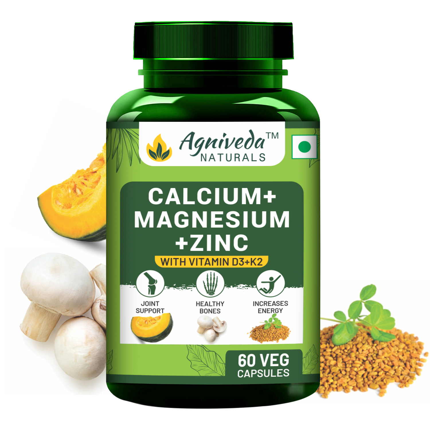 Agniveda Naturals Plant-Based Calcium Magnesium Zinc Vitamin D3 & K2MK7 | Supplement for Women and Men, Joint & Immunity Support - 60 Vegetarian Capsules
