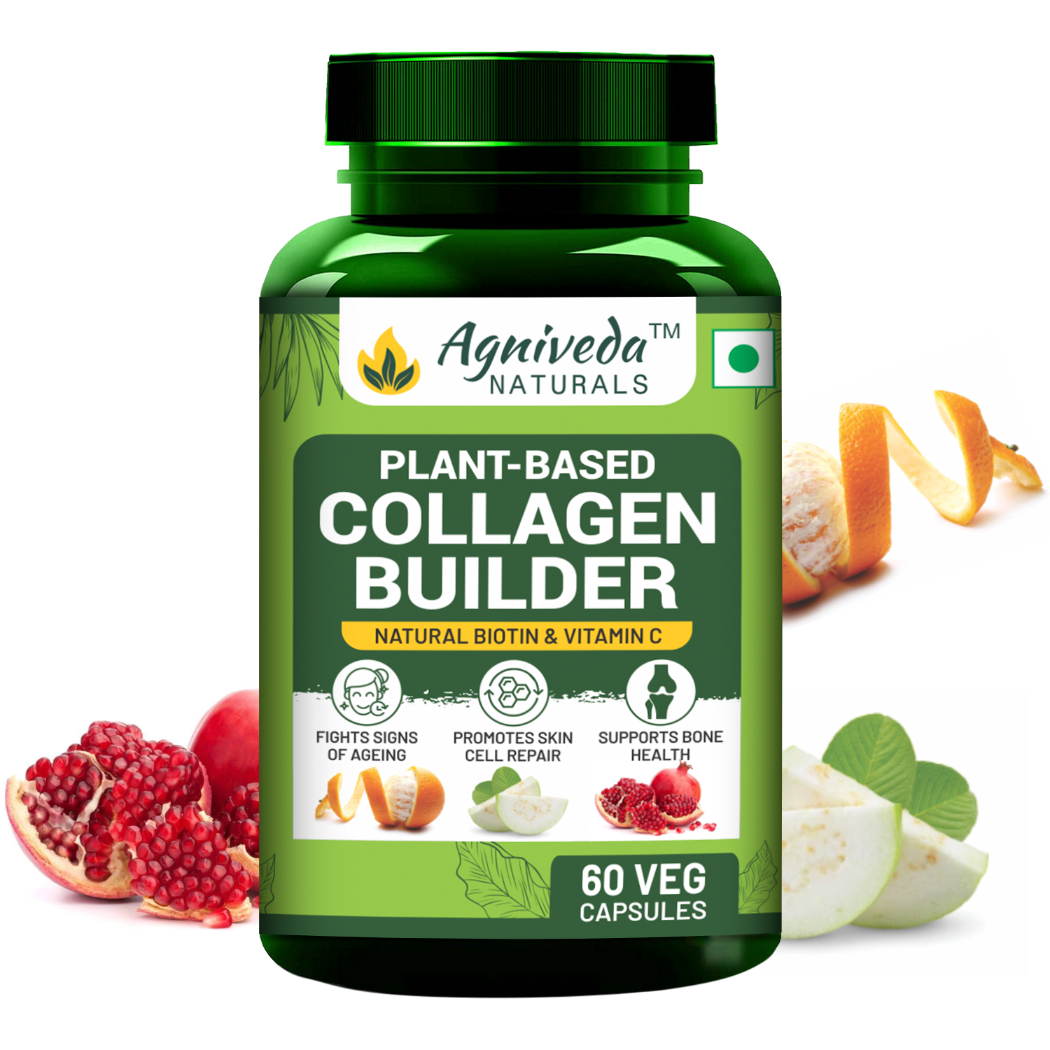 Agniveda Naturals Plant Based Collagen Builder With Biotin, Zinc, Vitamin C for Hair and Skin | Collagen Supplement for Women & Men| Glowing and Youthful Skin (60 Capsules)