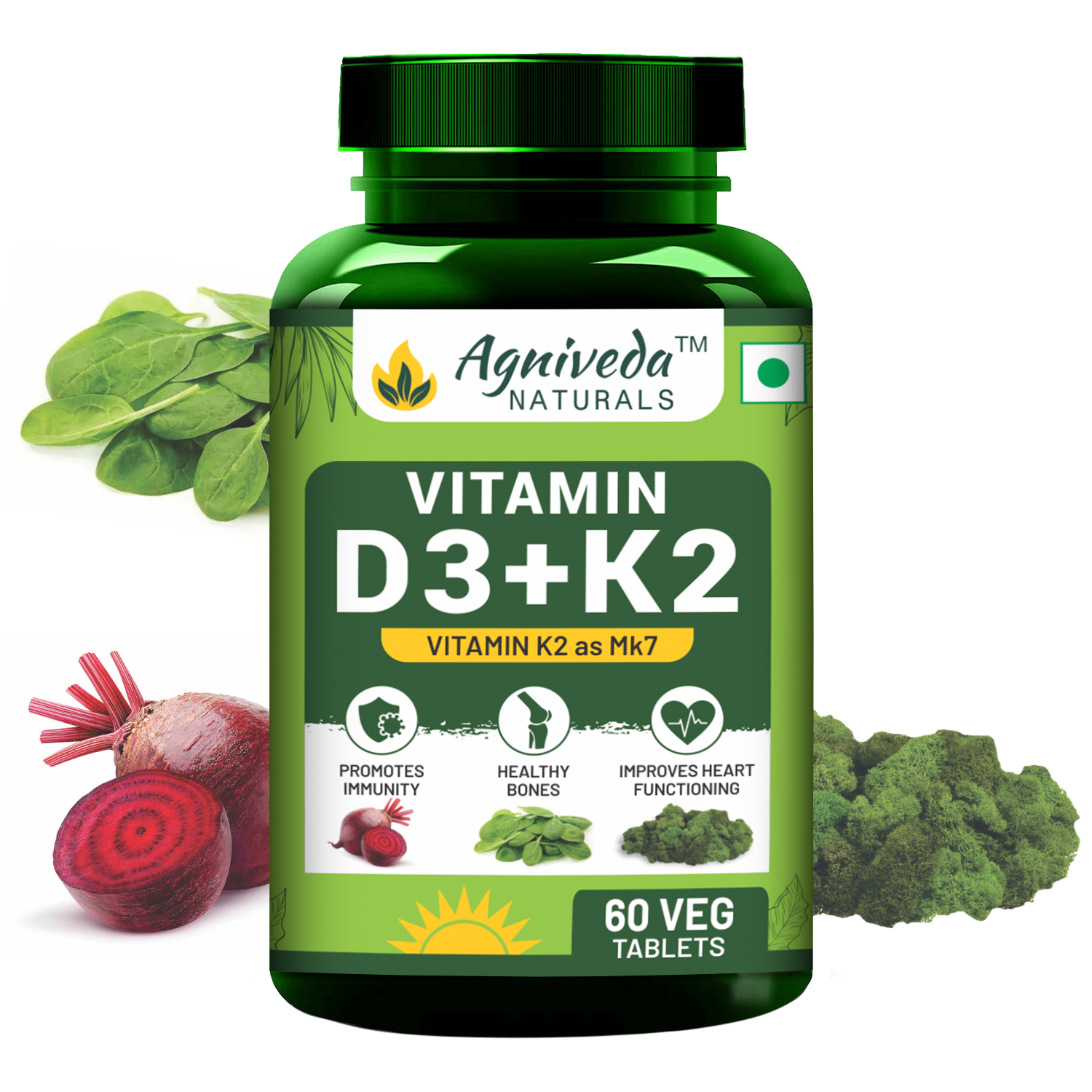 Agniveda Naturals Vitamin D3 K2 MK7 | Vegetarian Vitamin D3 Supplement Lichen Source with Vitamin K2 MK7 Menaquinone - 60 Veg Tablets