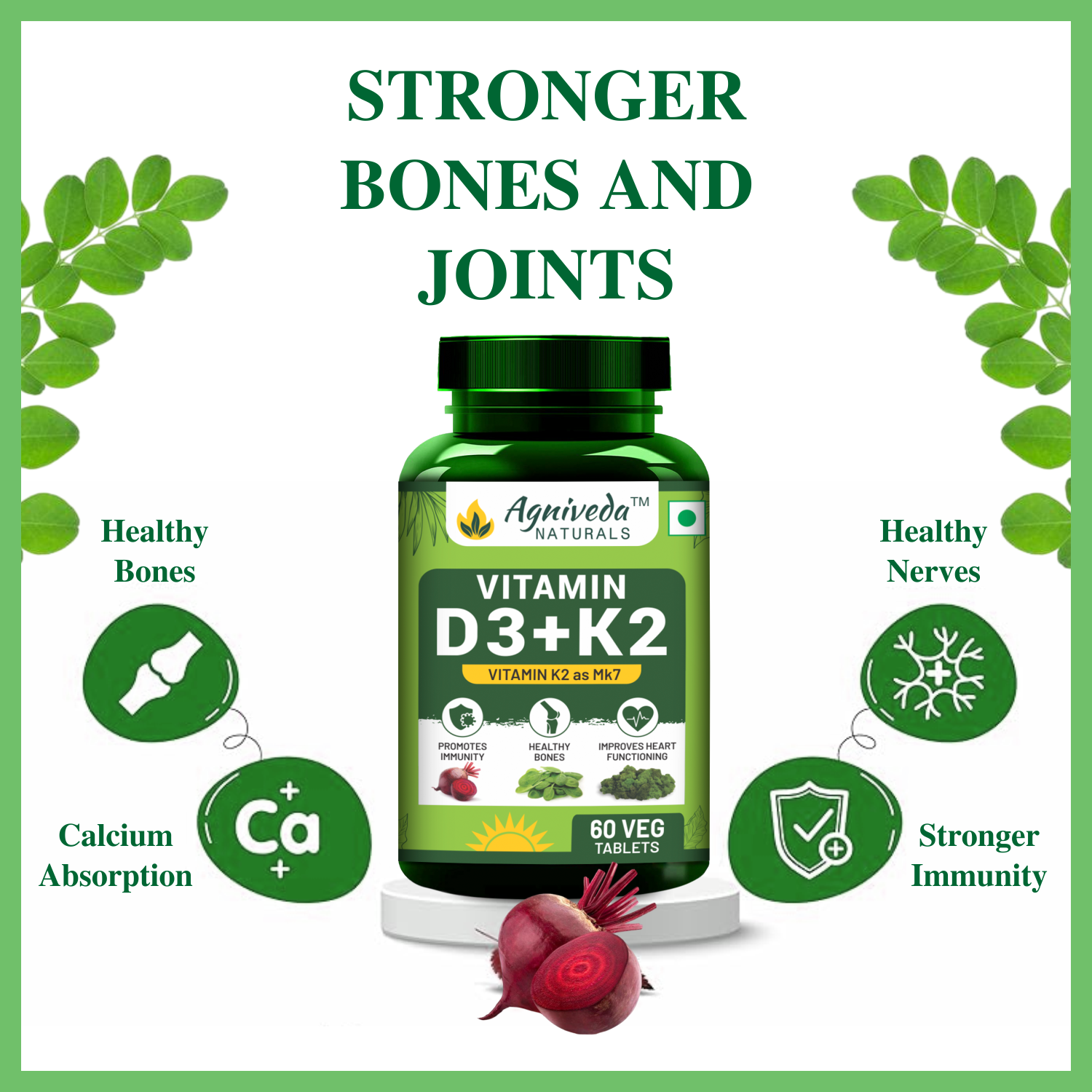 Agniveda Naturals Vitamin D3 K2 MK7 | Vegetarian Vitamin D3 Supplement Lichen Source with Vitamin K2 MK7 Menaquinone - 60 Veg Tablets