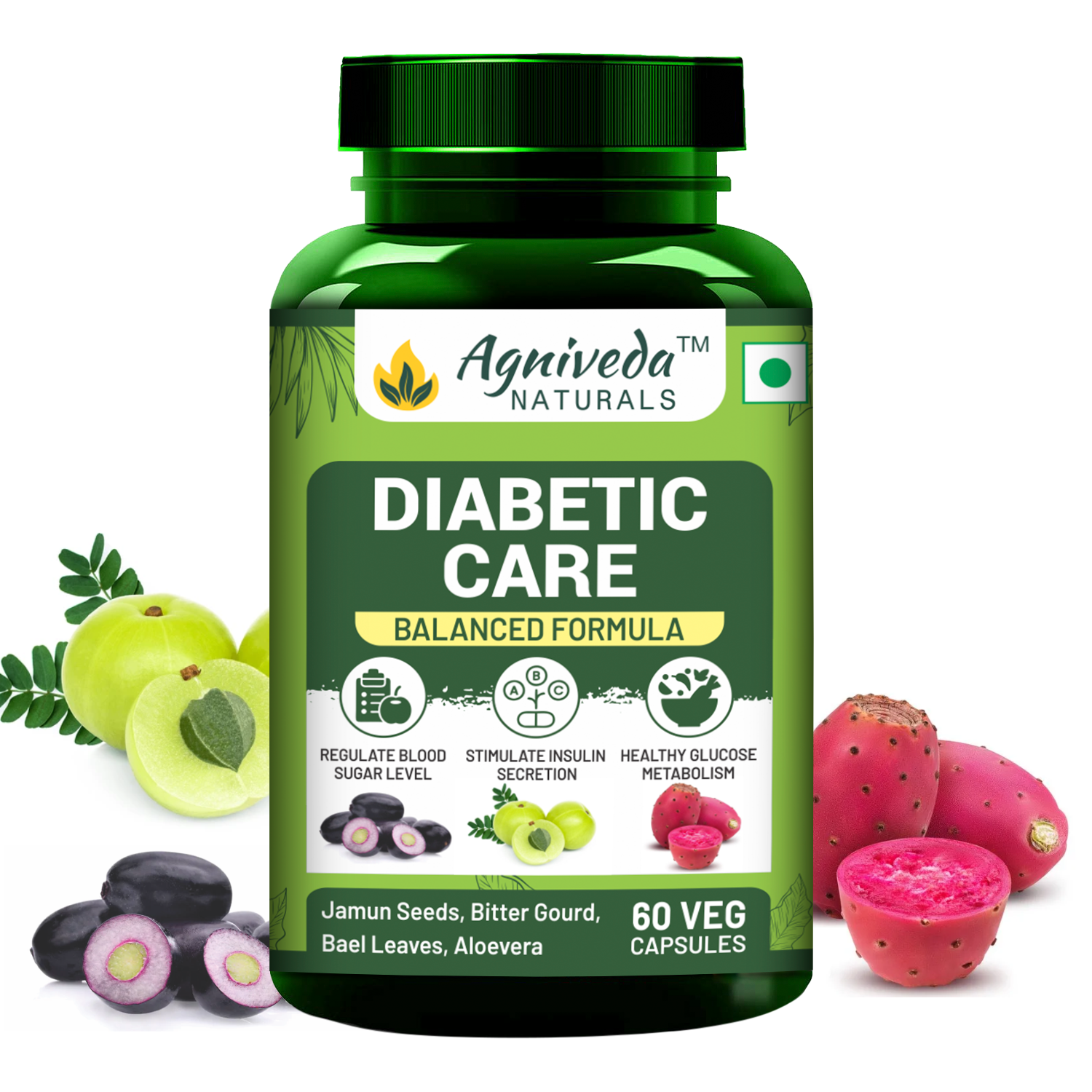 Agniveda Naturals Diabetic Care Supplements For Men & Women with Karela, Bael Leaves, Jamun and More I Manages Diabetes & Blood Sugar Levels - 60 Veg Capsules